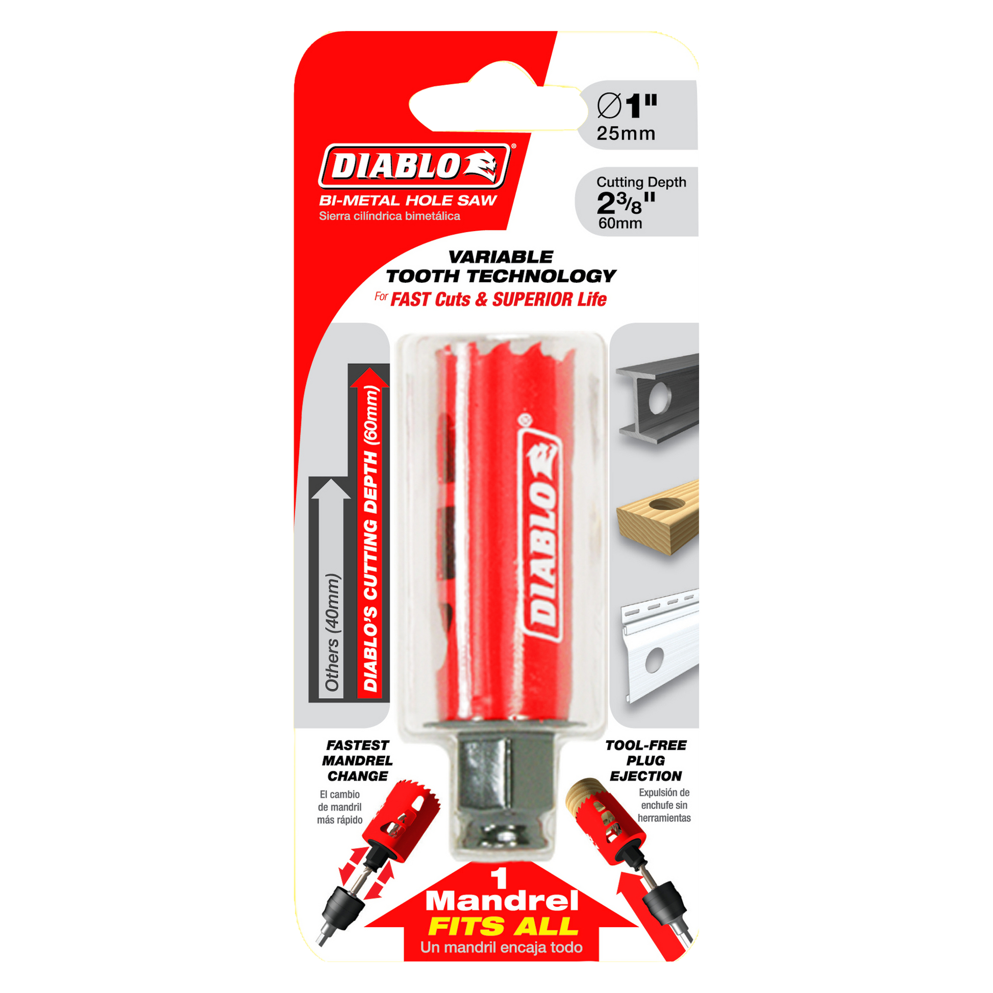 Diablo 1-inch bi-metal hole saw with red teeth, 60mm cutting depth, on red and white retail packaging.