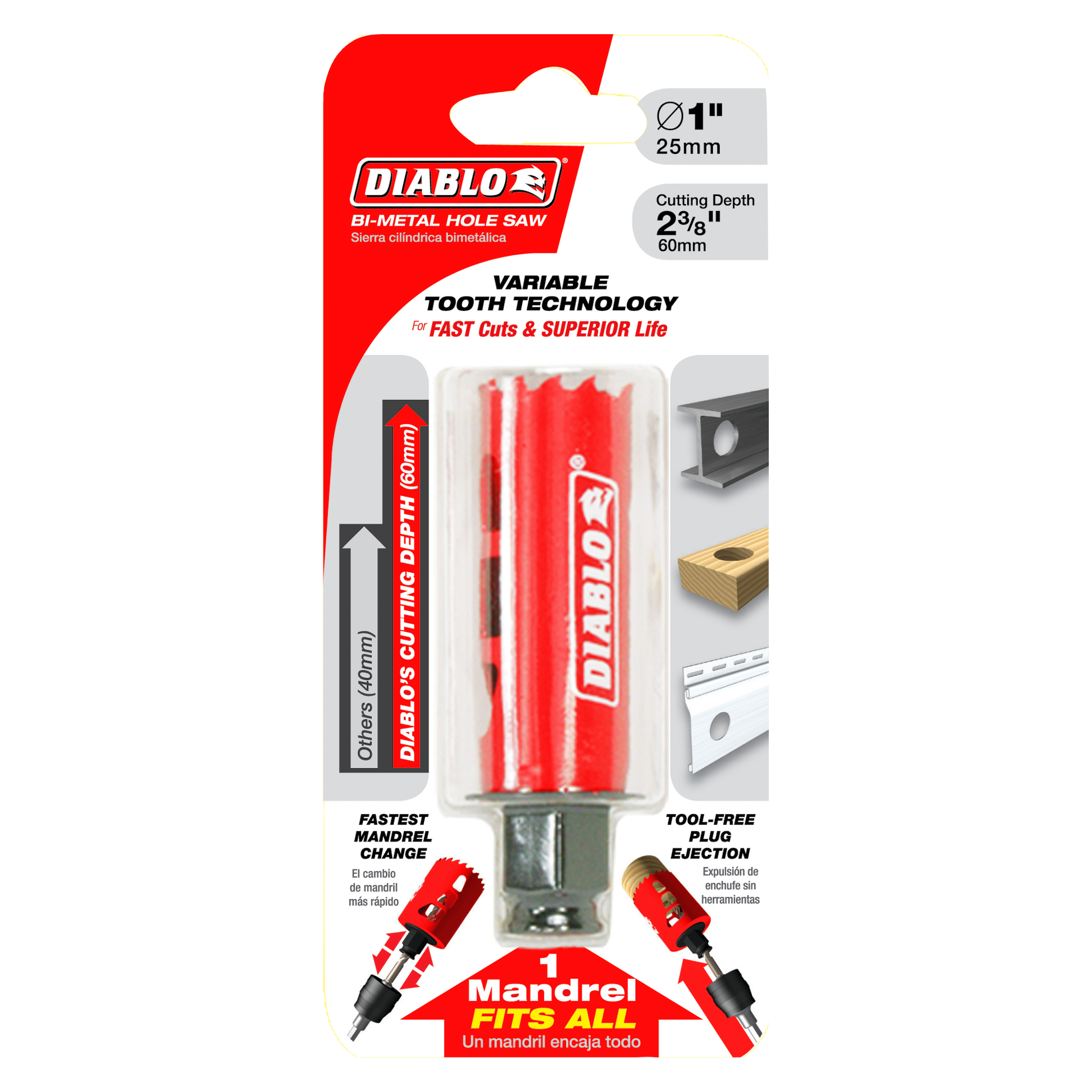 Diablo 1-inch bi-metal hole saw with red teeth, 60mm cutting depth, on red and white retail packaging.