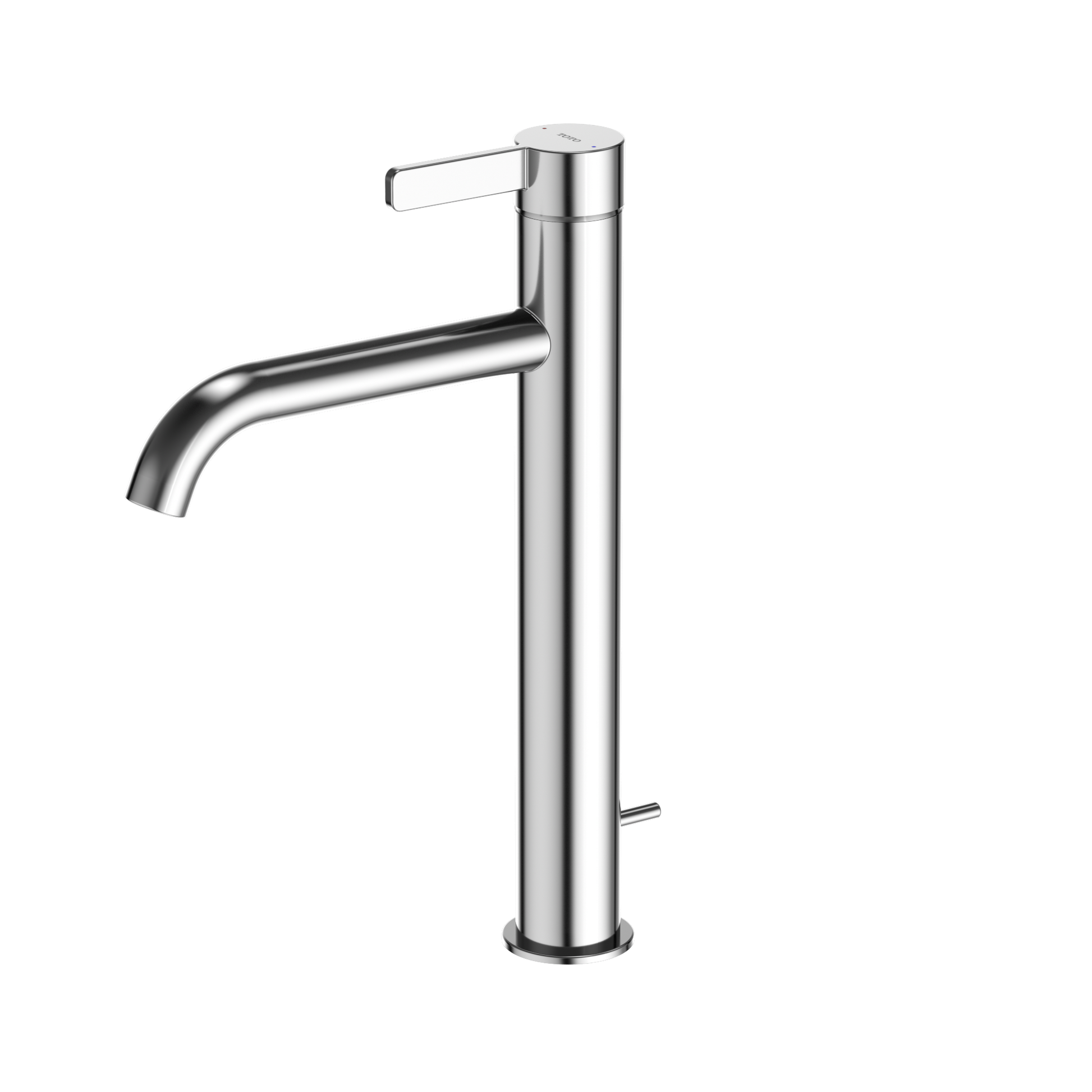 Polished chrome single-handle vessel faucet with curved spout and lever handle.