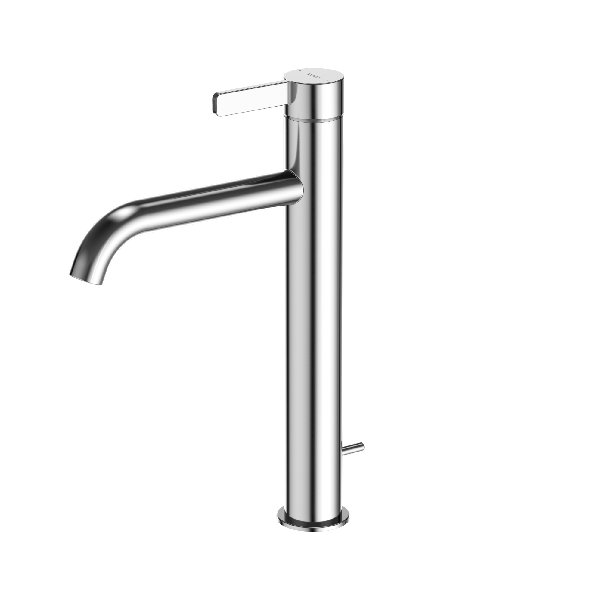 Polished chrome single-handle vessel faucet with curved spout and lever handle.