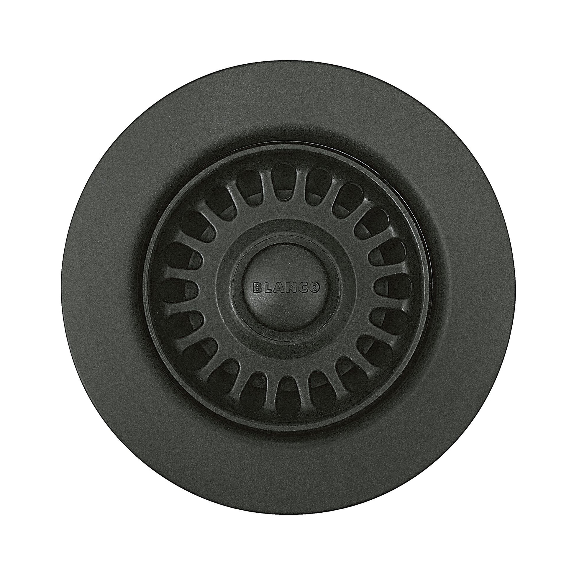 Anthracite decorative basket strainer with perforated center basket and flat rim, featuring Blanco brand marking.