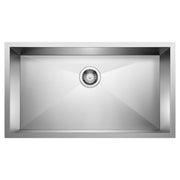 Stainless steel single bowl undermount sink with drain strainer and angled basin walls.