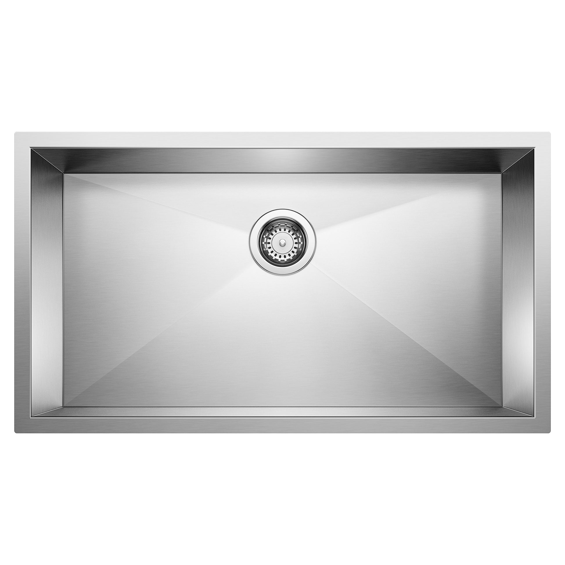 Stainless steel single bowl undermount sink with drain strainer and angled basin walls.