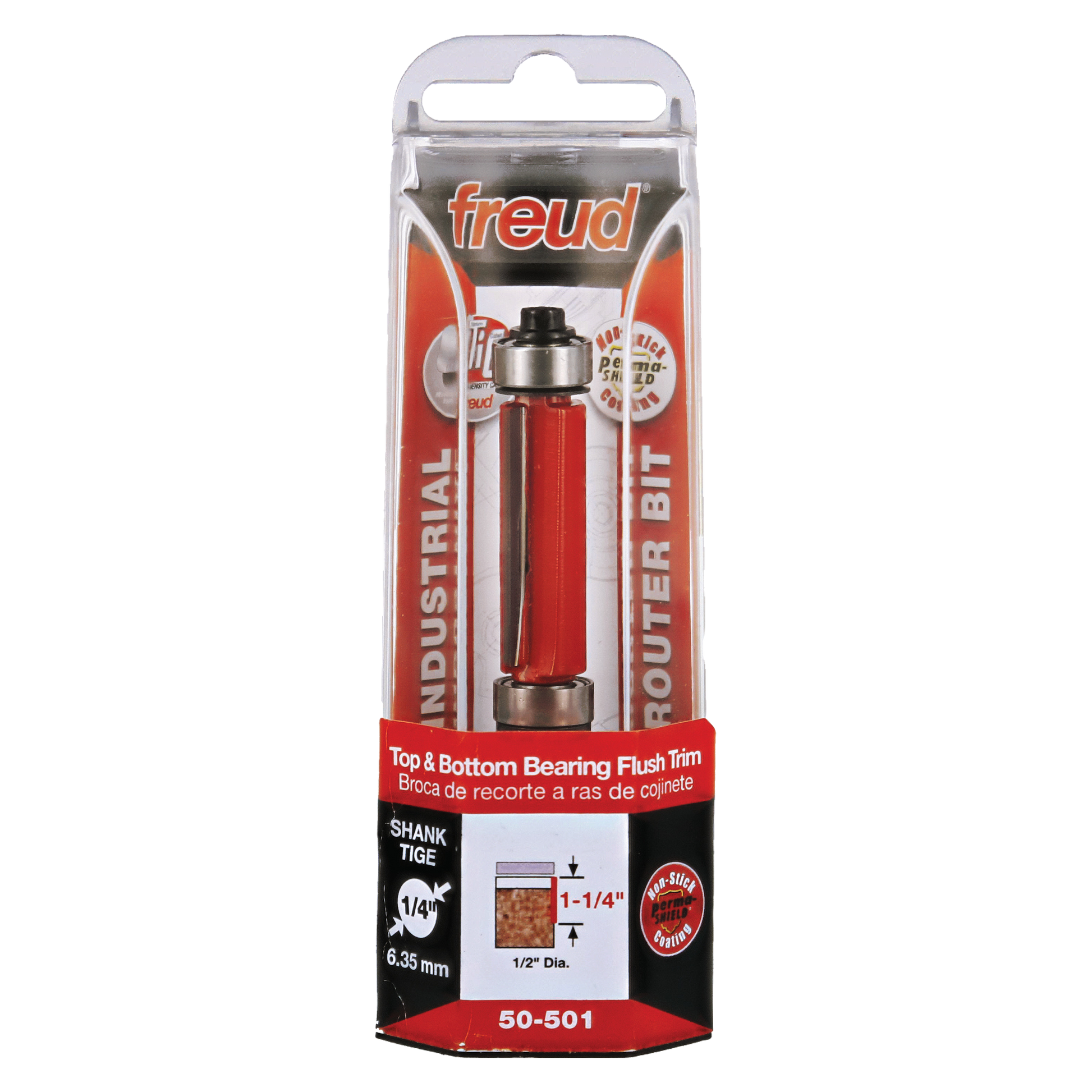 Freud 1/2" diameter top and bottom bearing flush trim router bit in red packaging with specifications visible.