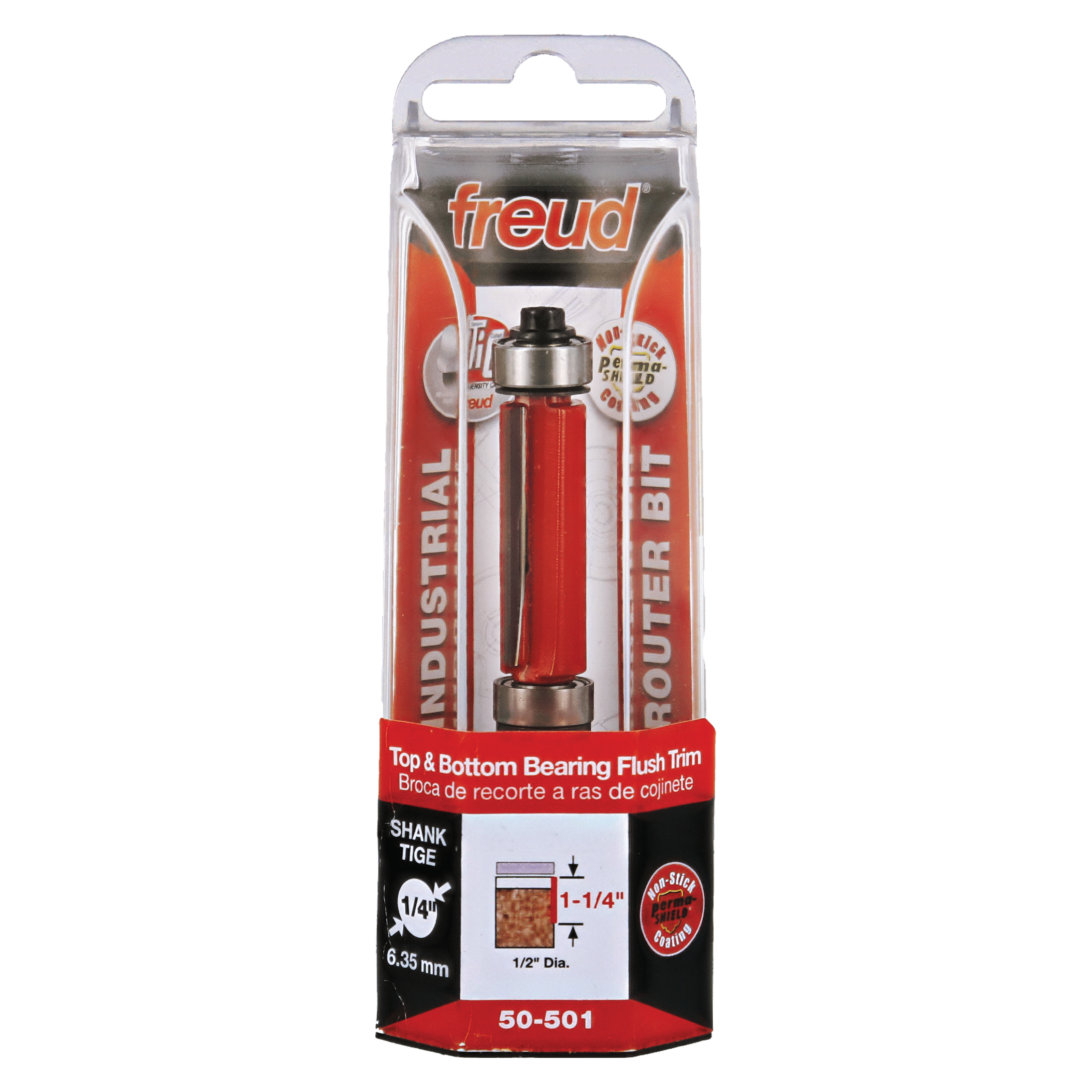 Freud 1/2" diameter top and bottom bearing flush trim router bit in red packaging with specifications visible.
