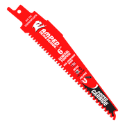 Red reciprocating saw blade with carbide teeth and mounting hole at top.