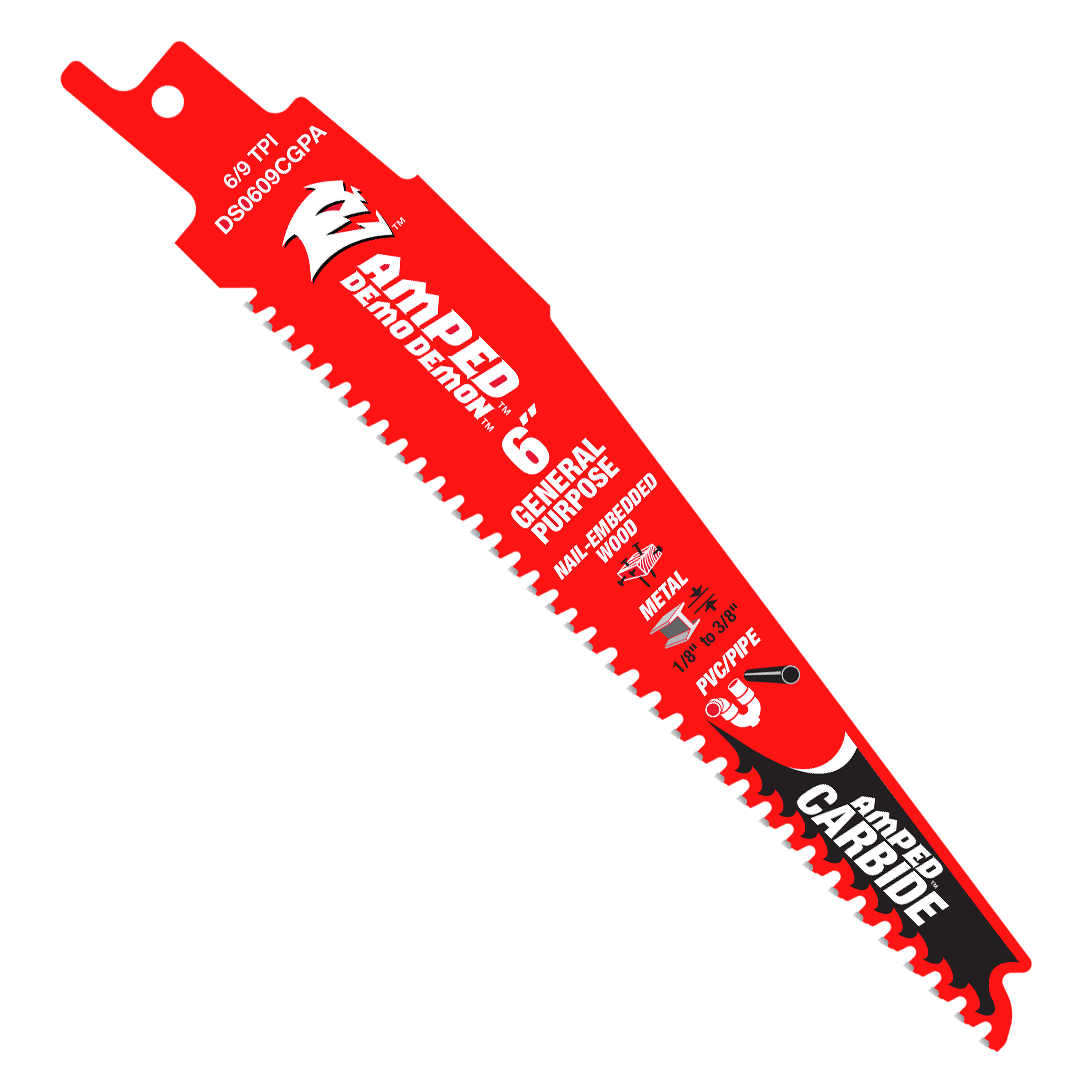 Red reciprocating saw blade with carbide teeth and mounting hole at top.