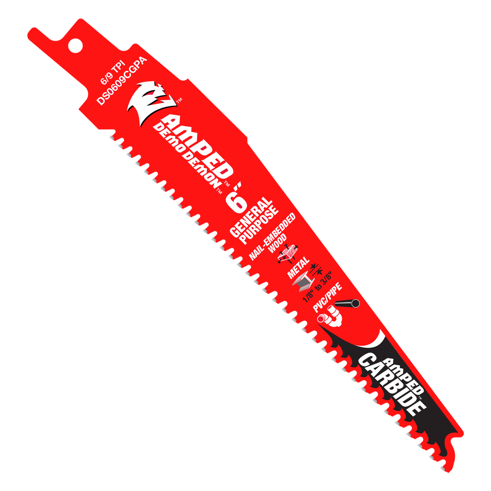 Red and black carbide reciprocating saw blade with serrated cutting edge and product information printed on the body.