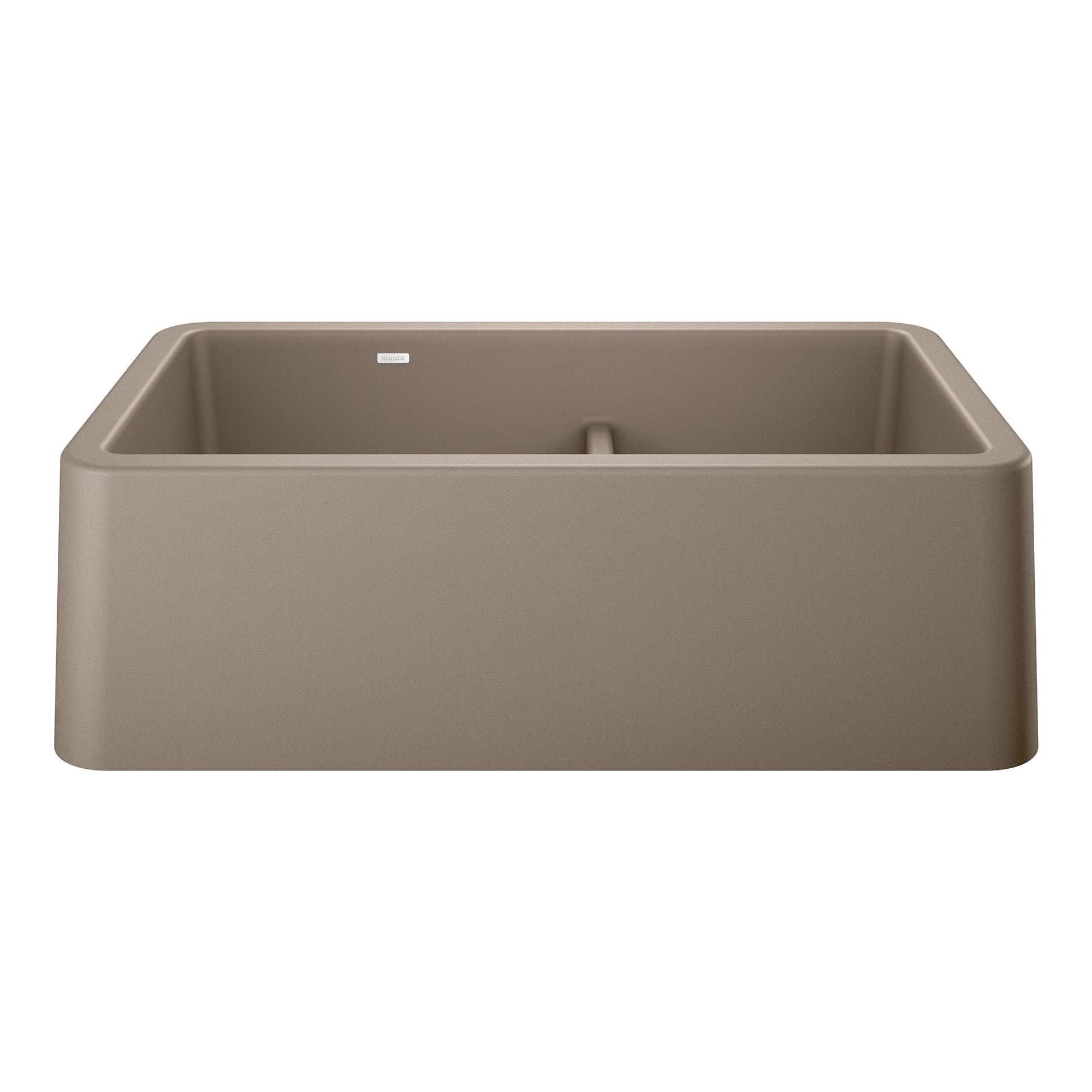 Truffle-colored double bowl farmhouse sink with low divide and apron front in rectangular shape.