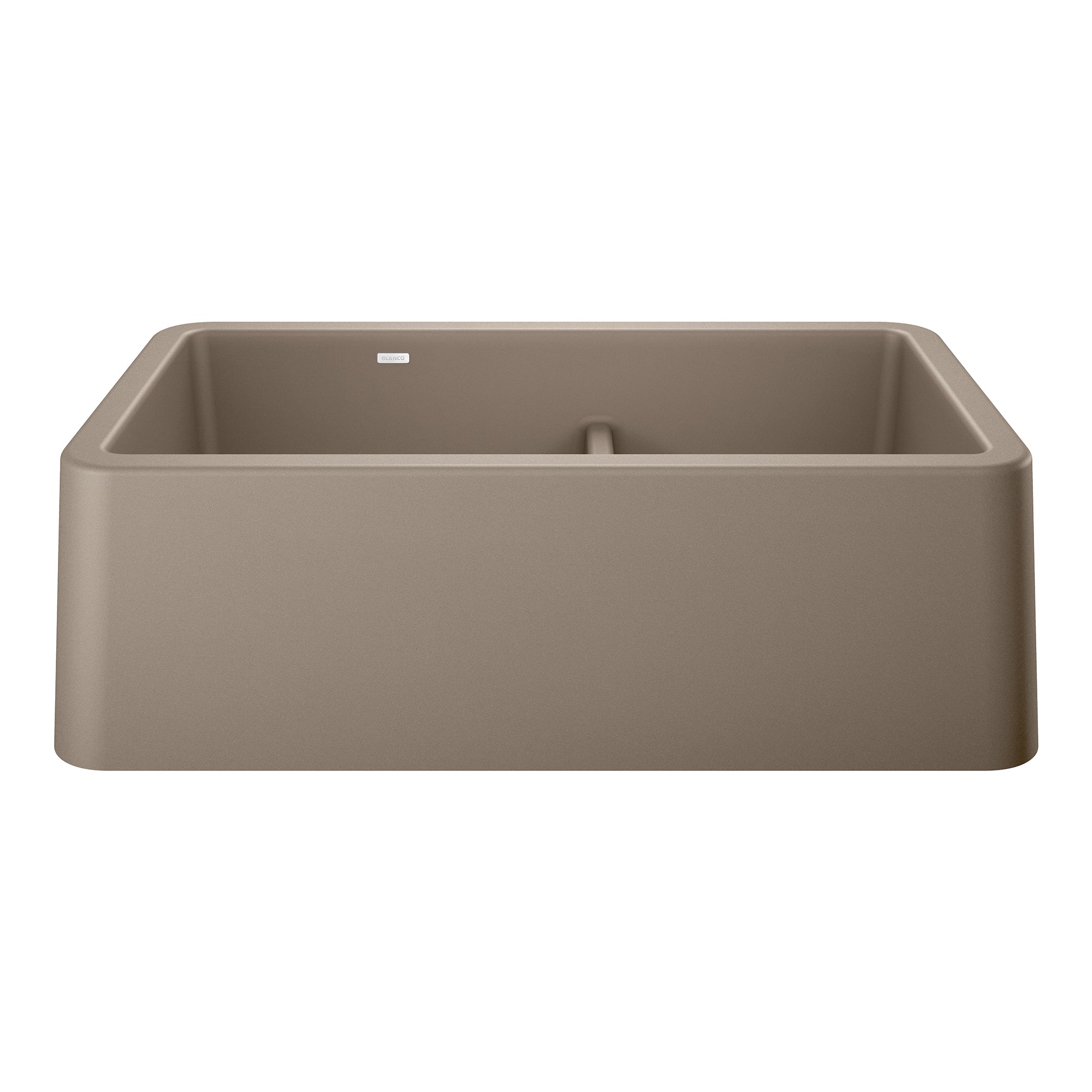 Truffle-colored double bowl farmhouse sink with low divide and apron front in rectangular shape.