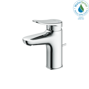 Polished chrome single-handle bathroom sink faucet with curved spout and cylindrical body.