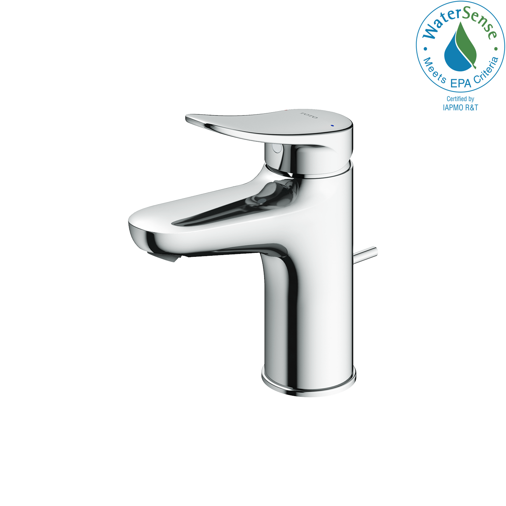 Polished chrome single-handle bathroom sink faucet with curved spout and cylindrical body.