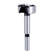 Silver Forstner bit with cylindrical shank and flat cutting head with black flutes.