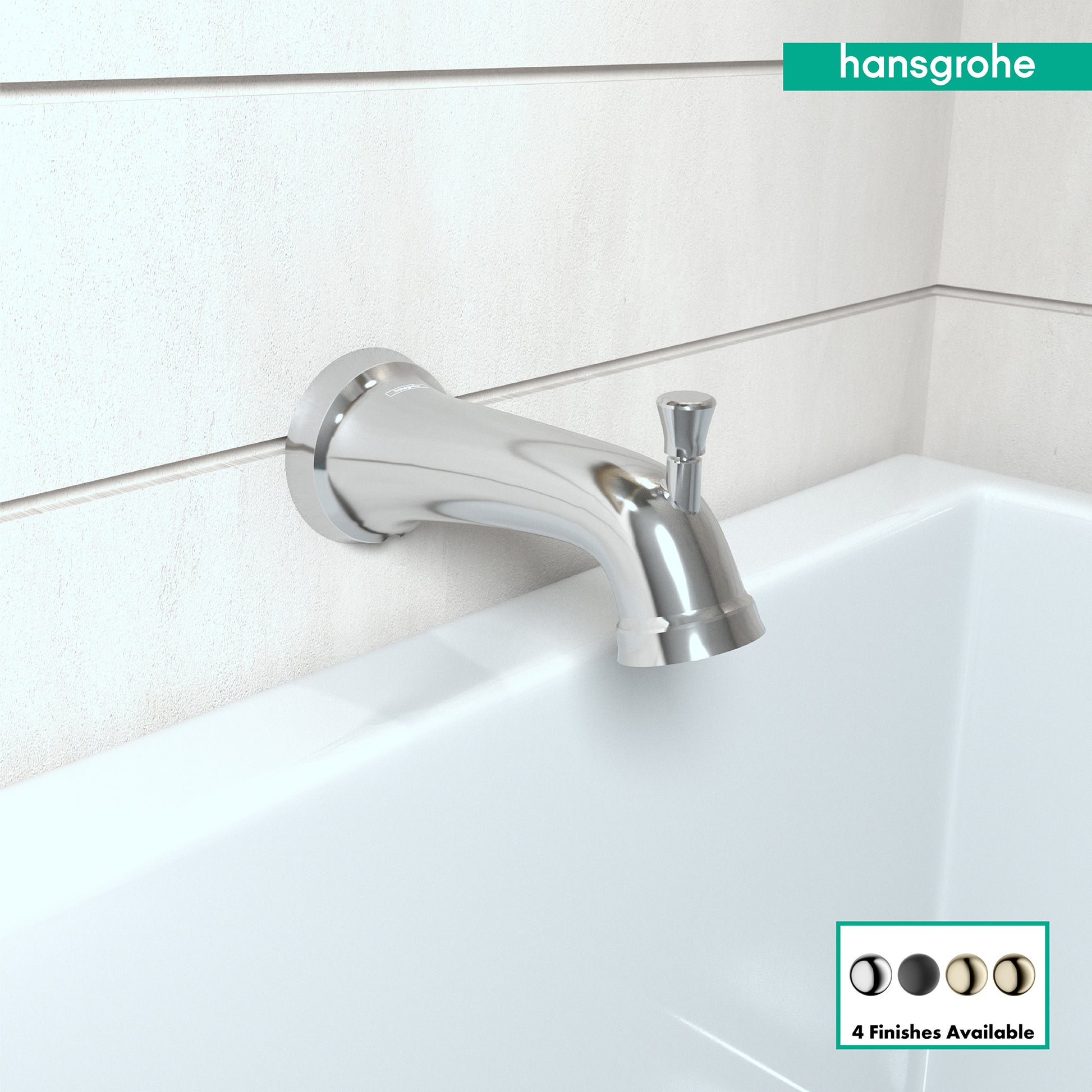 Chrome tub spout with curved outlet and diverter lever mounted on white tile above bathtub.