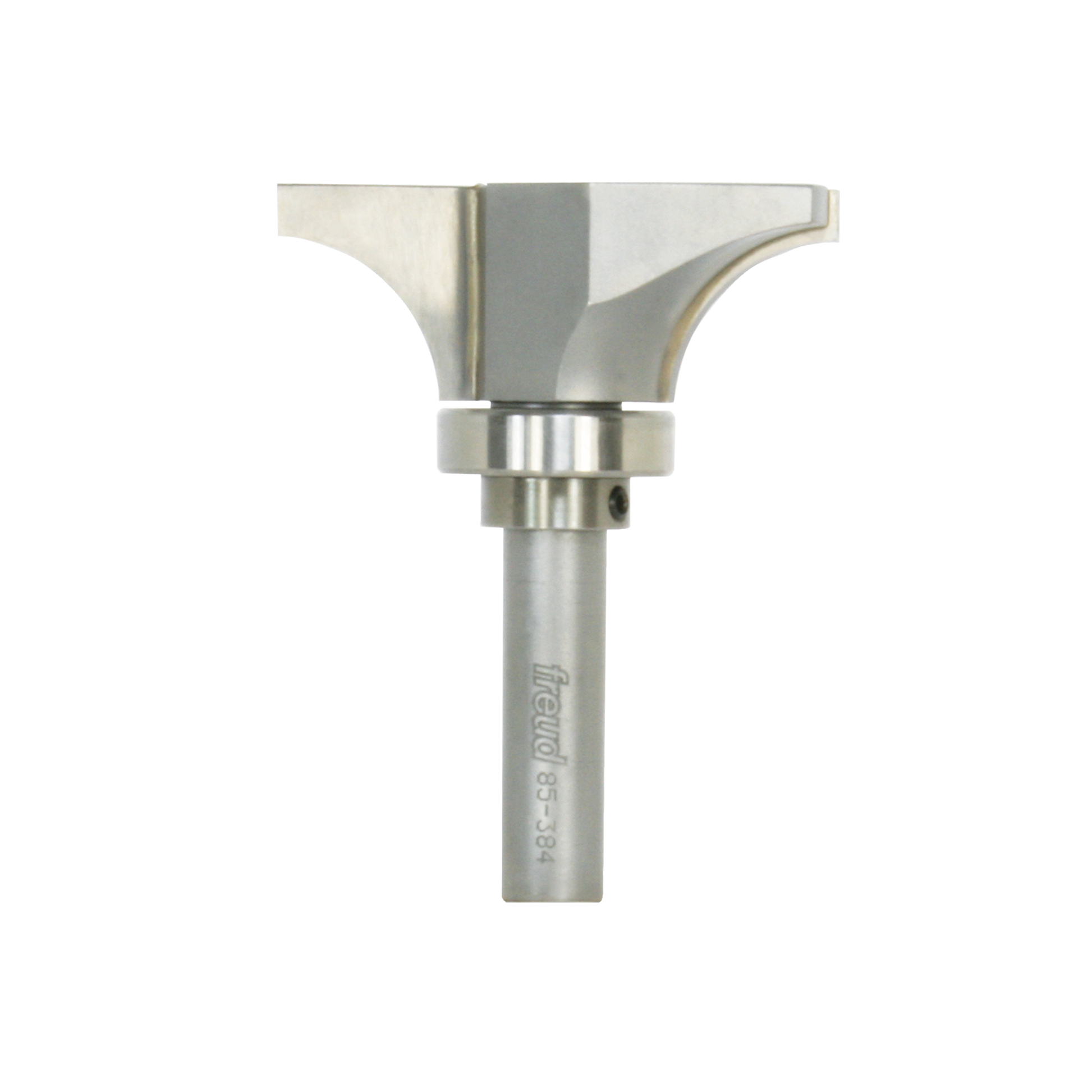 Freud 85-384 router bit with cylindrical shank and rounded cutting head for bull nose profiling.
