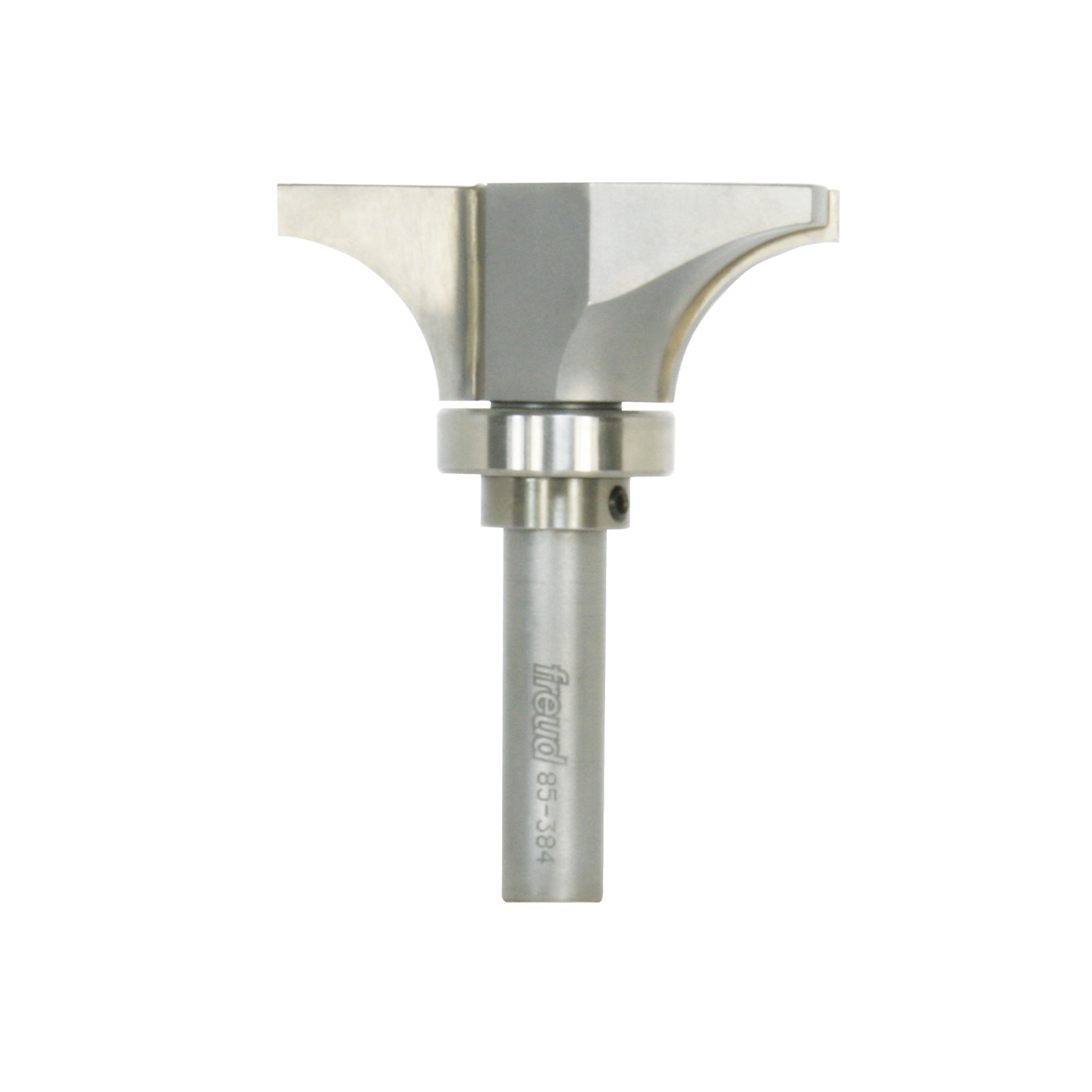 Freud 85-384 router bit with cylindrical shank and rounded cutting head for bull nose profiling.