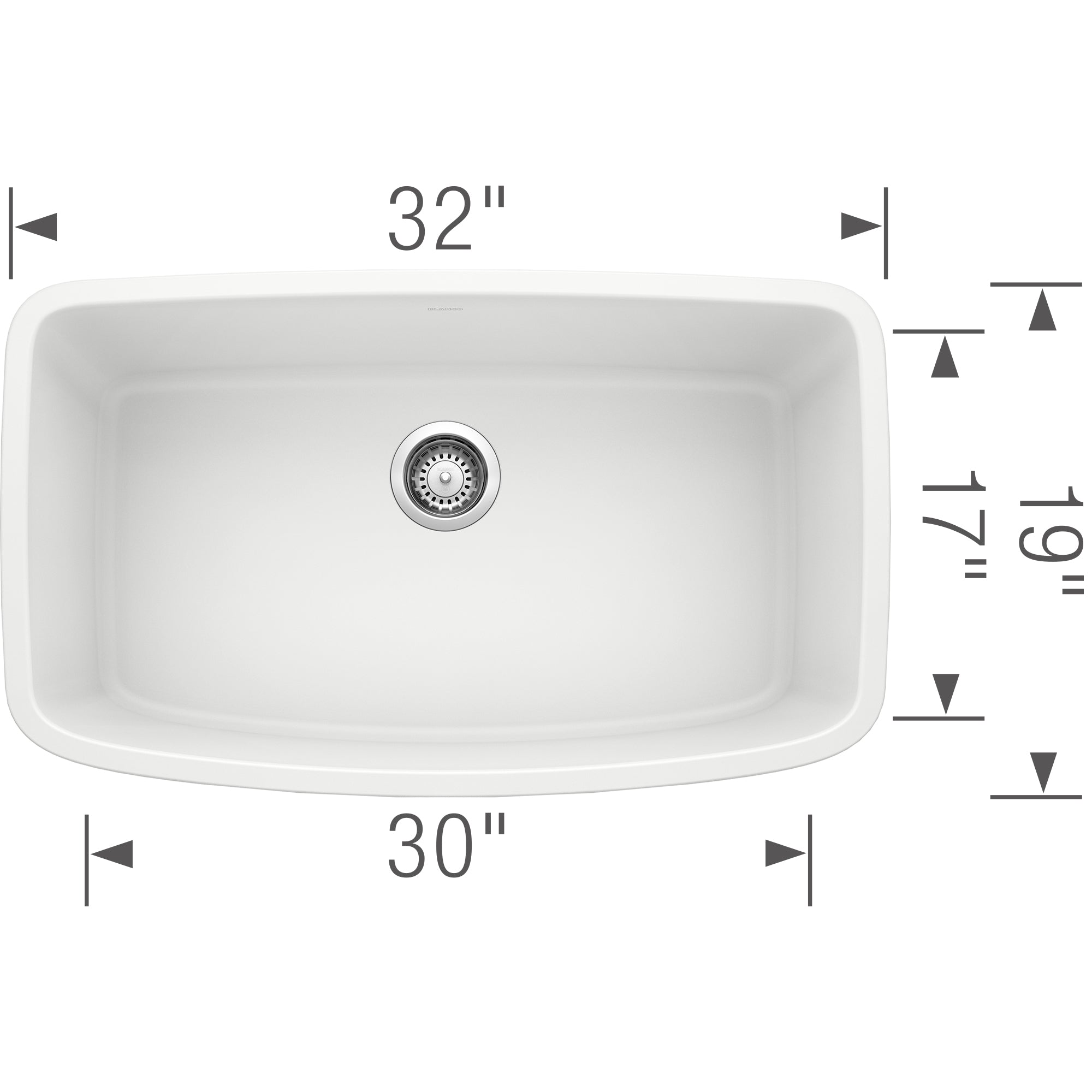 White undermount kitchen sink with single basin, rounded corners, and chrome drain strainer, 32" wide.