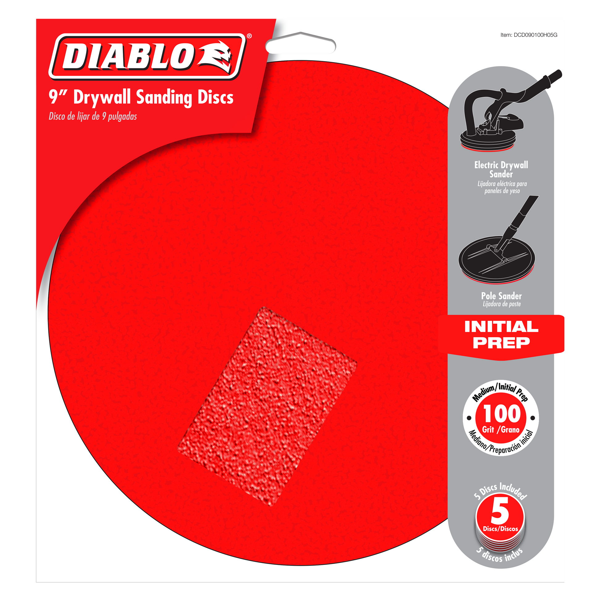 Five 9-inch round red sanding discs with hook and loop backing for drywall preparation.