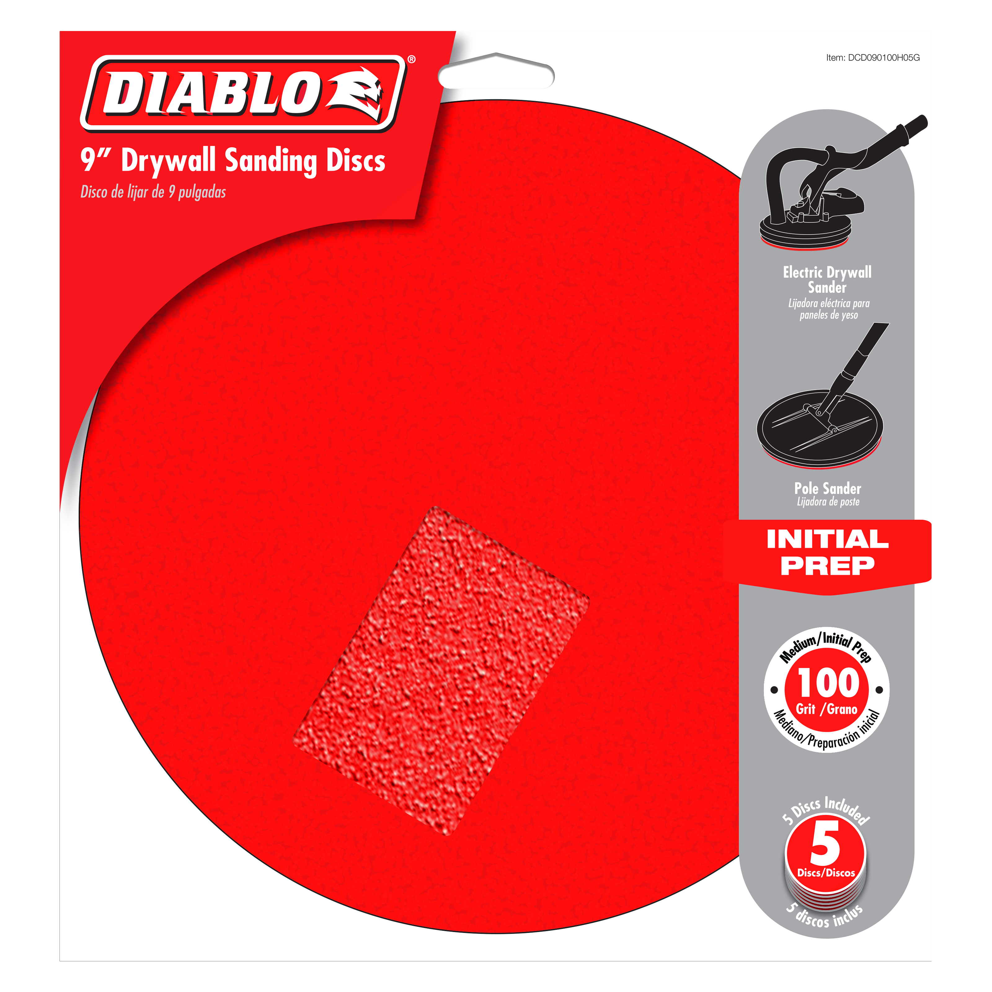 Five 9-inch round red sanding discs with hook and loop backing for drywall preparation.