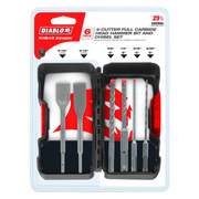 Six-piece SDS-Plus hammer drill bit and chisel set with two flat chisels and four spiral drill bits in varying sizes.