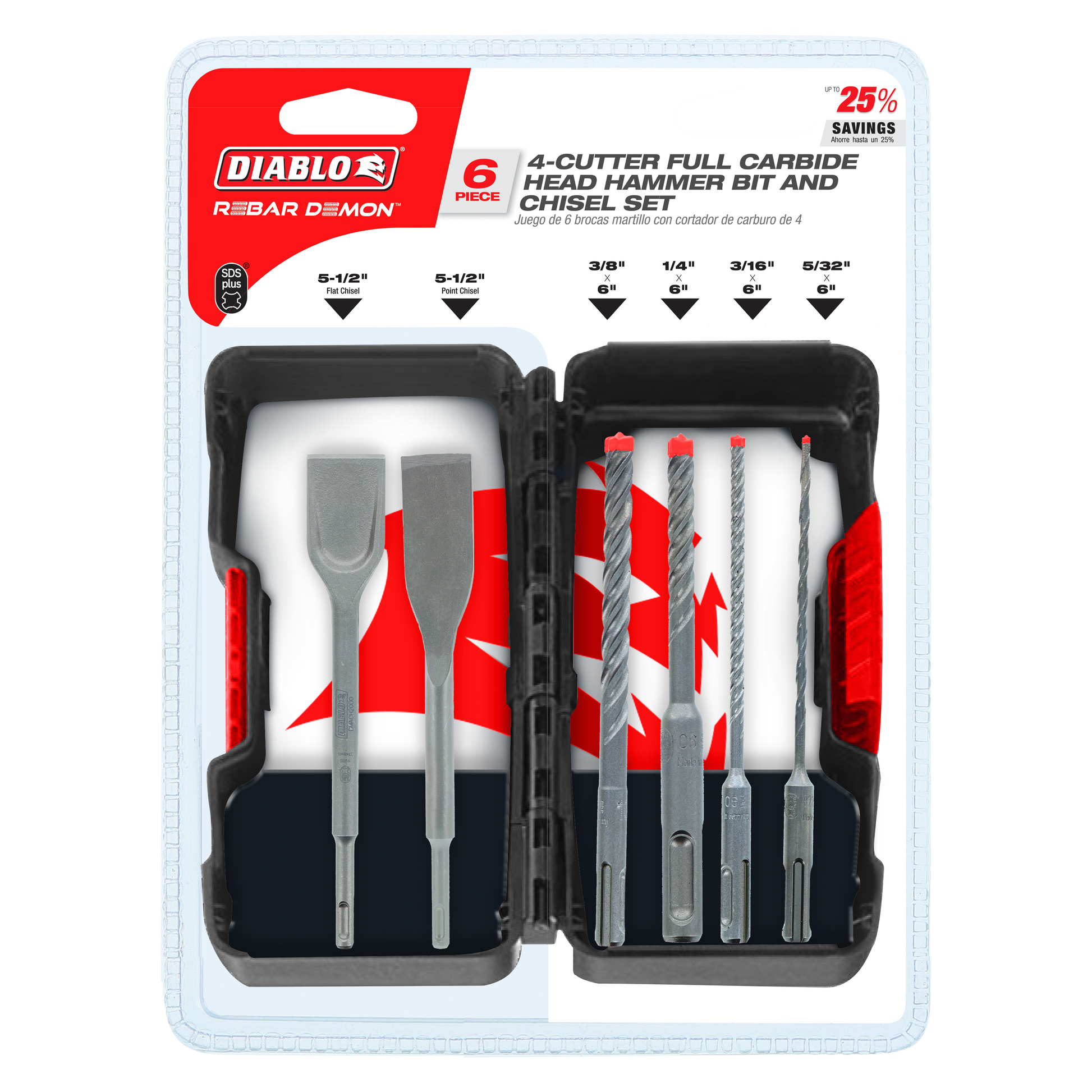 Six-piece SDS-Plus hammer drill bit and chisel set with two flat chisels and four spiral drill bits in varying sizes.