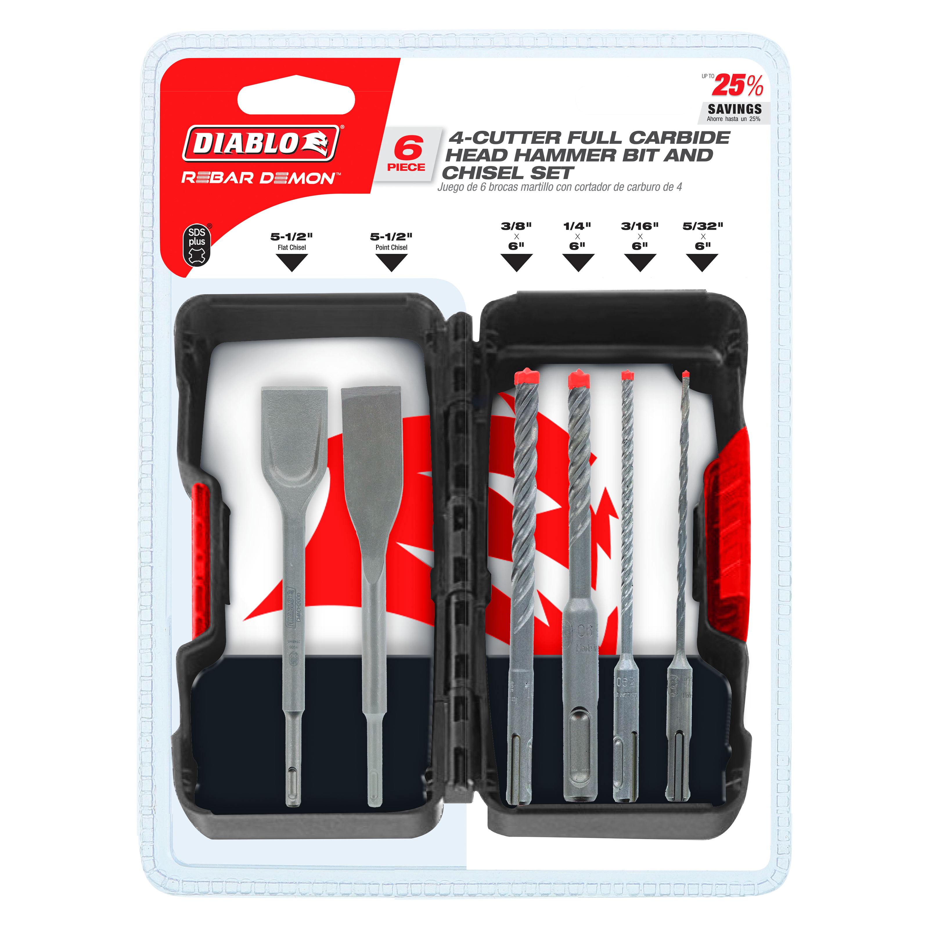 Six-piece SDS-Plus hammer drill bit and chisel set with two flat chisels and four spiral drill bits in varying sizes.