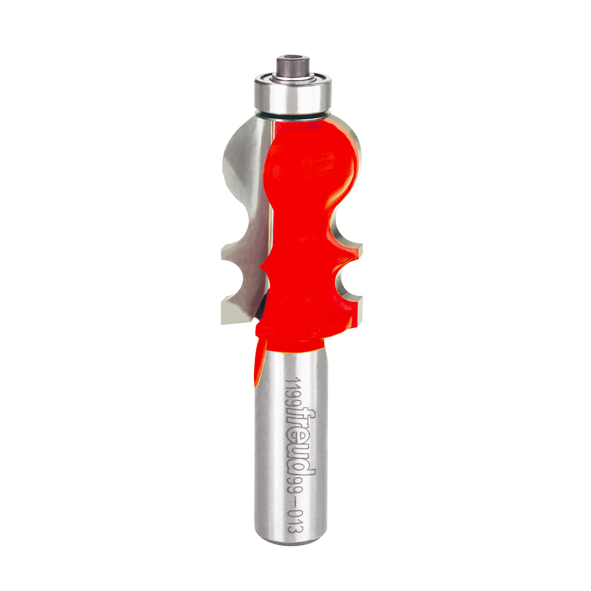 Freud face molding bit with red cutting profile and silver metal shaft on white background.