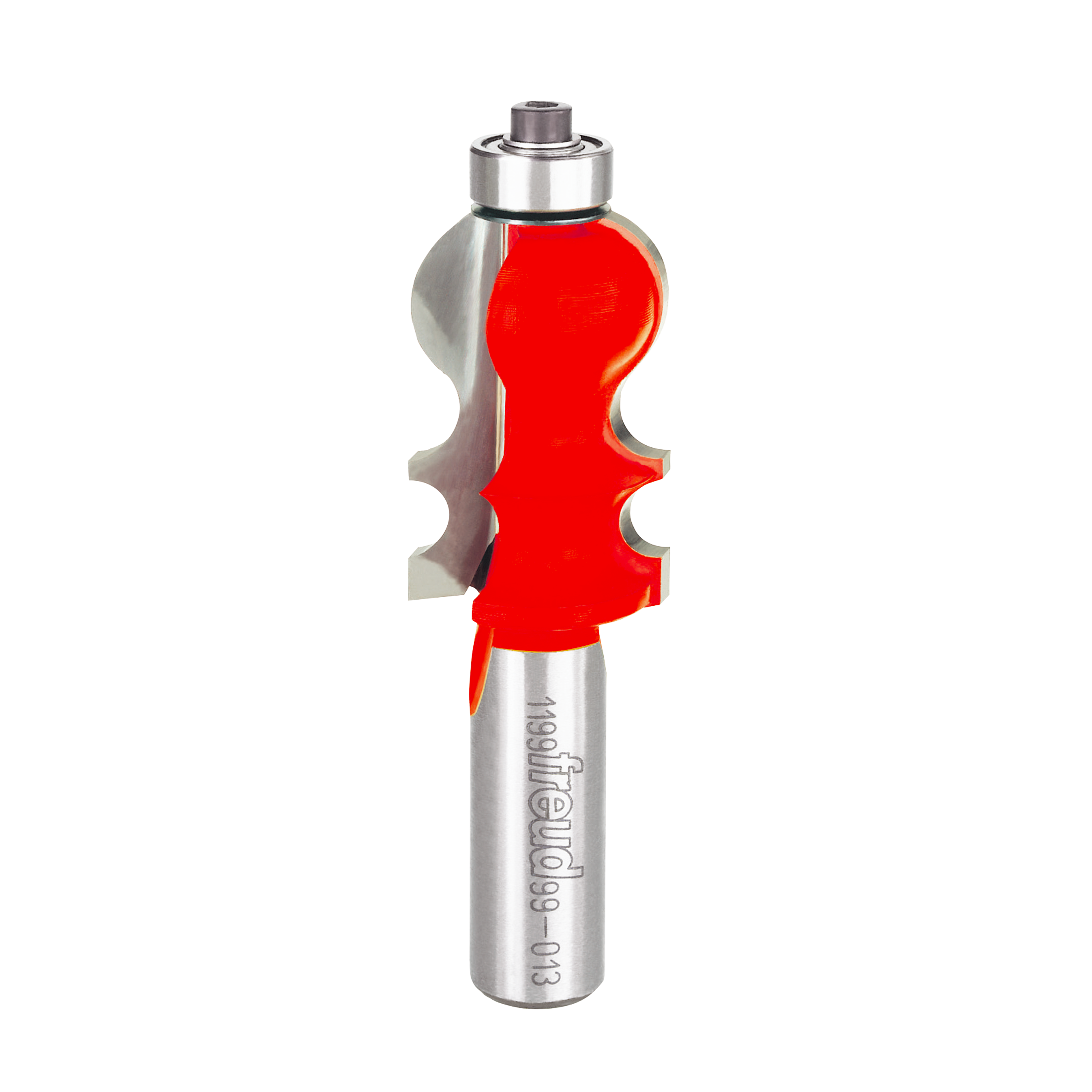 Freud face molding bit with red cutting profile and silver metal shaft on white background.