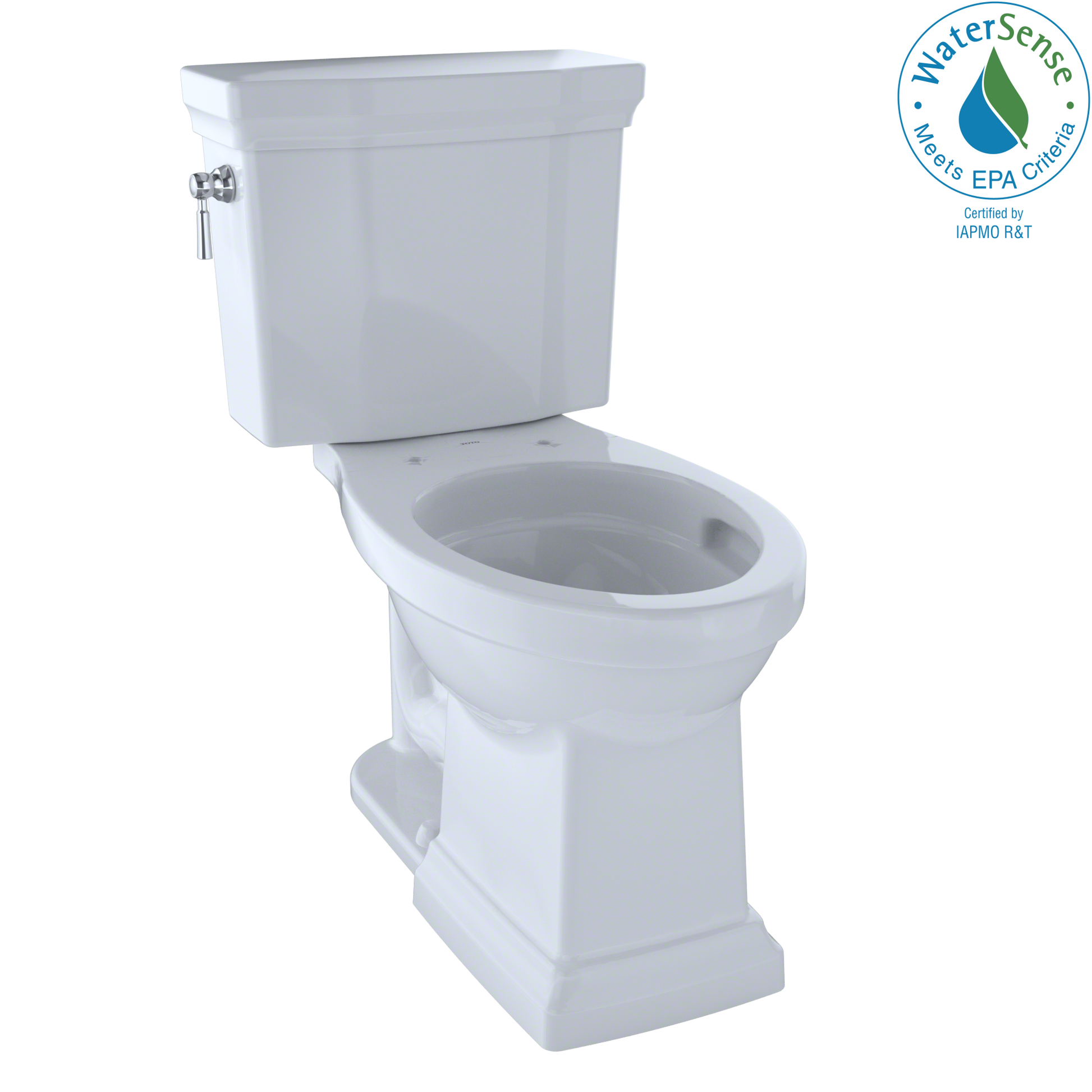 White two-piece elongated toilet with tank, bowl, and supply line visible from angled view.