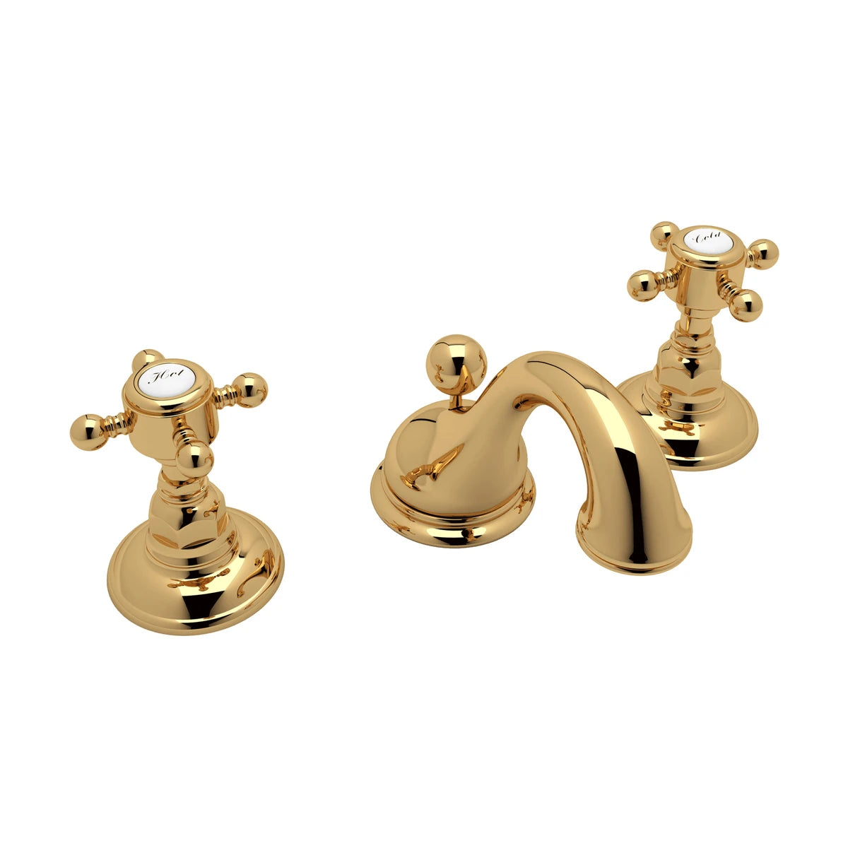 Three-piece brass bathroom faucet with curved spout and cross handles in polished gold finish.