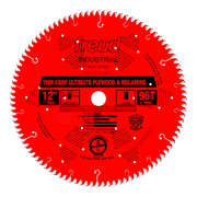 Red circular saw blade with 96 teeth, 12" diameter, white center hole, and black label indicating thin kerf ultimate plywood 