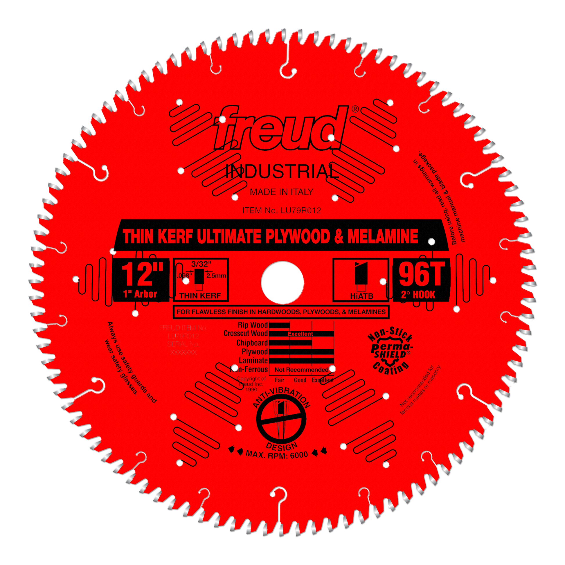 Red circular saw blade with 96 teeth, 12" diameter, white center hole, and black label indicating thin kerf ultimate plywood 