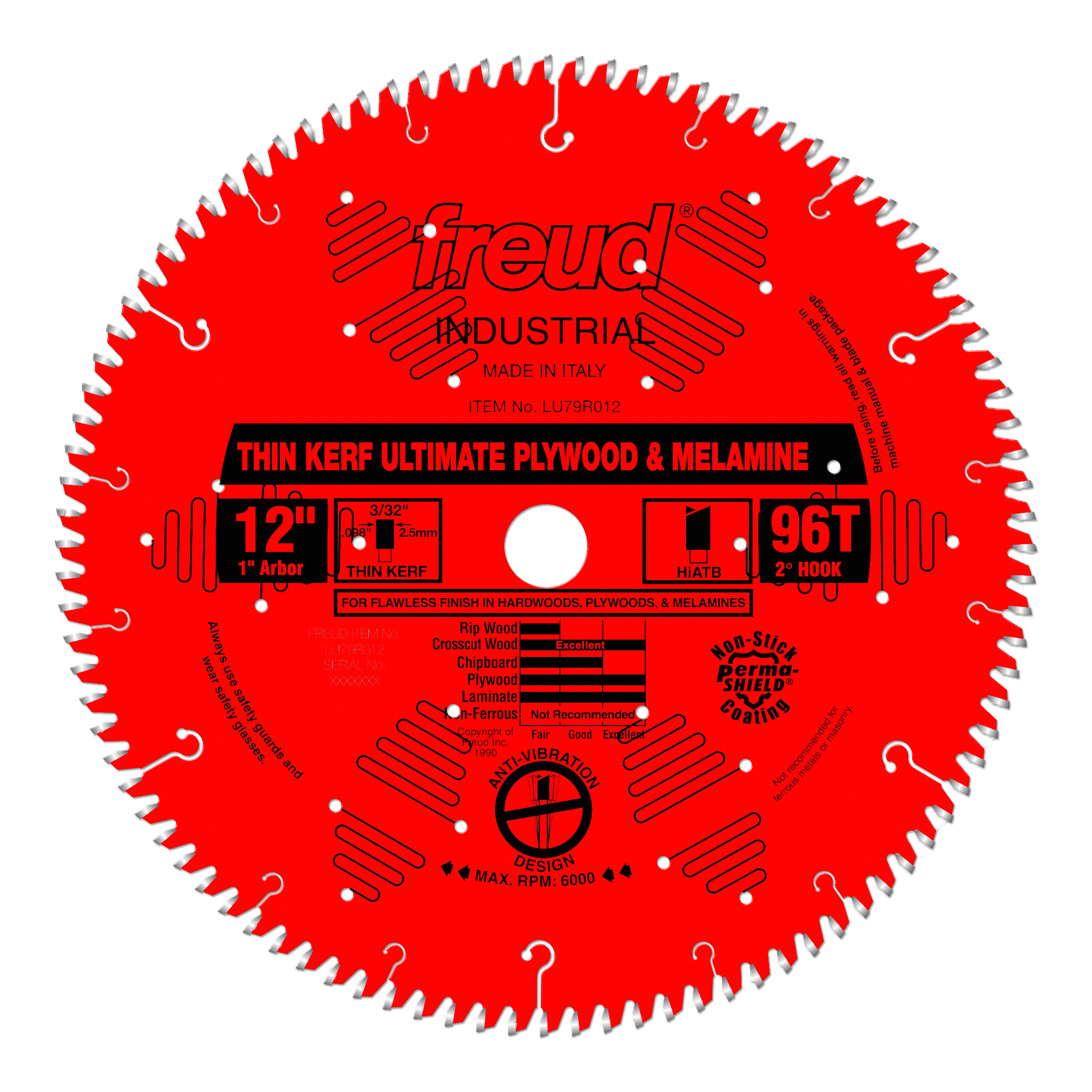 Red circular saw blade with 96 teeth, 12" diameter, white center hole, and black label indicating thin kerf ultimate plywood 