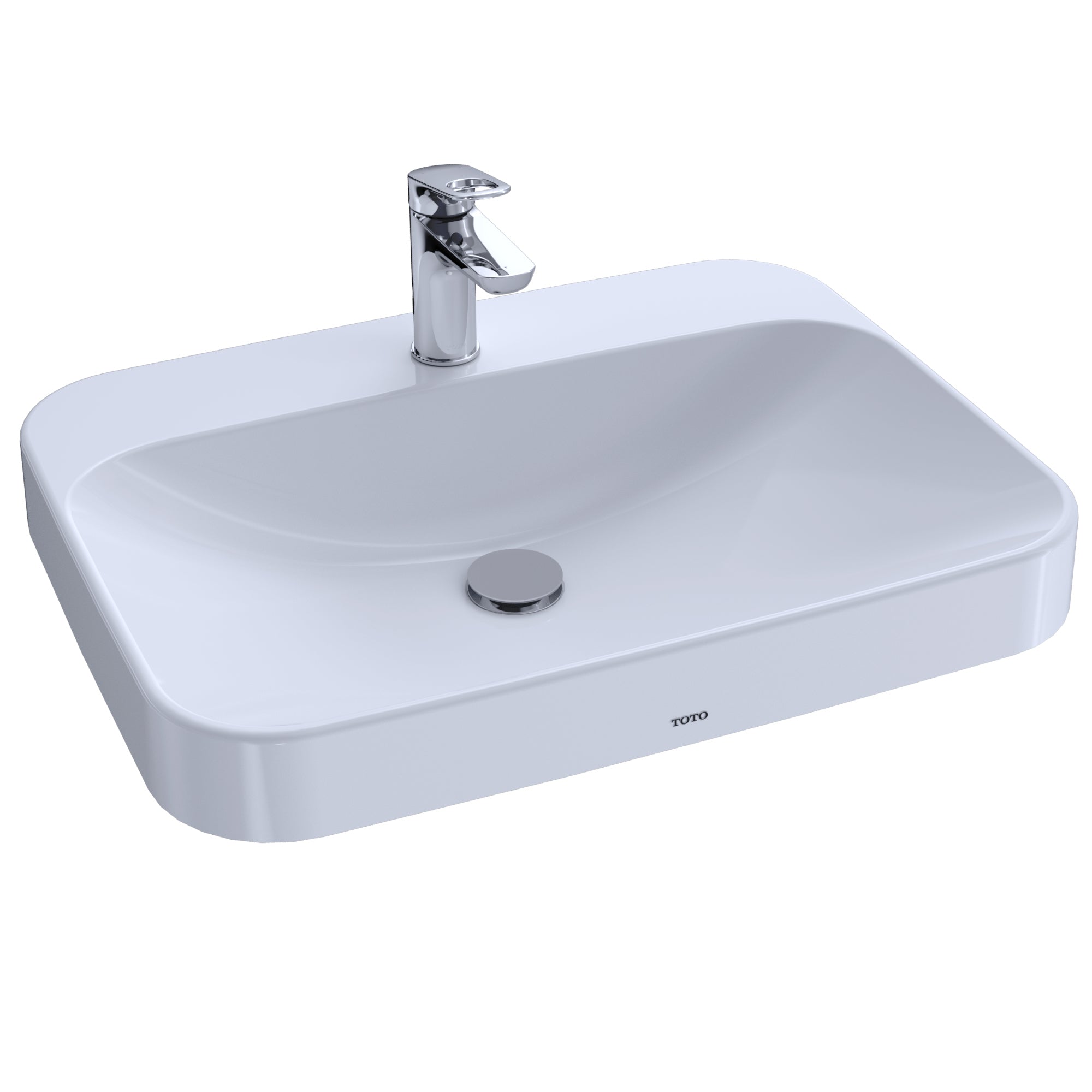 White rectangular vessel sink with single chrome faucet and drain stopper.