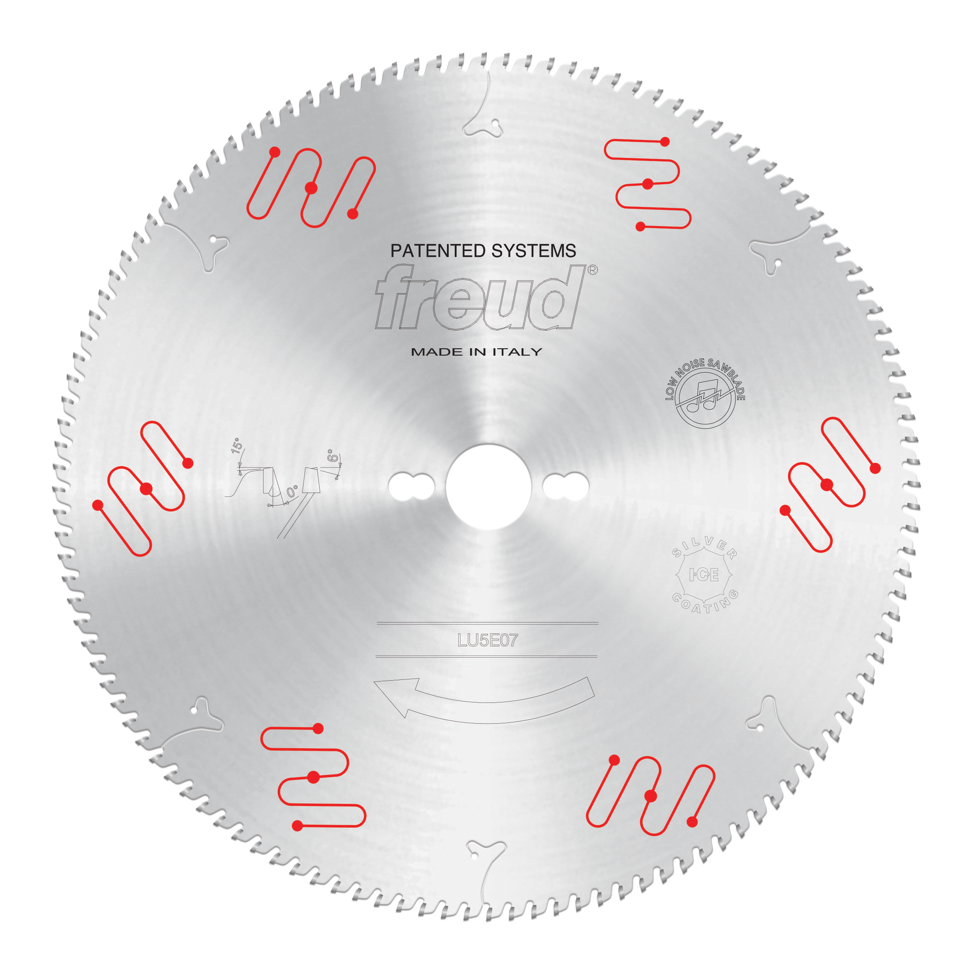 Circular saw blade with carbide-tipped teeth around the edge, center arbor hole, and red patented system markings on silver s