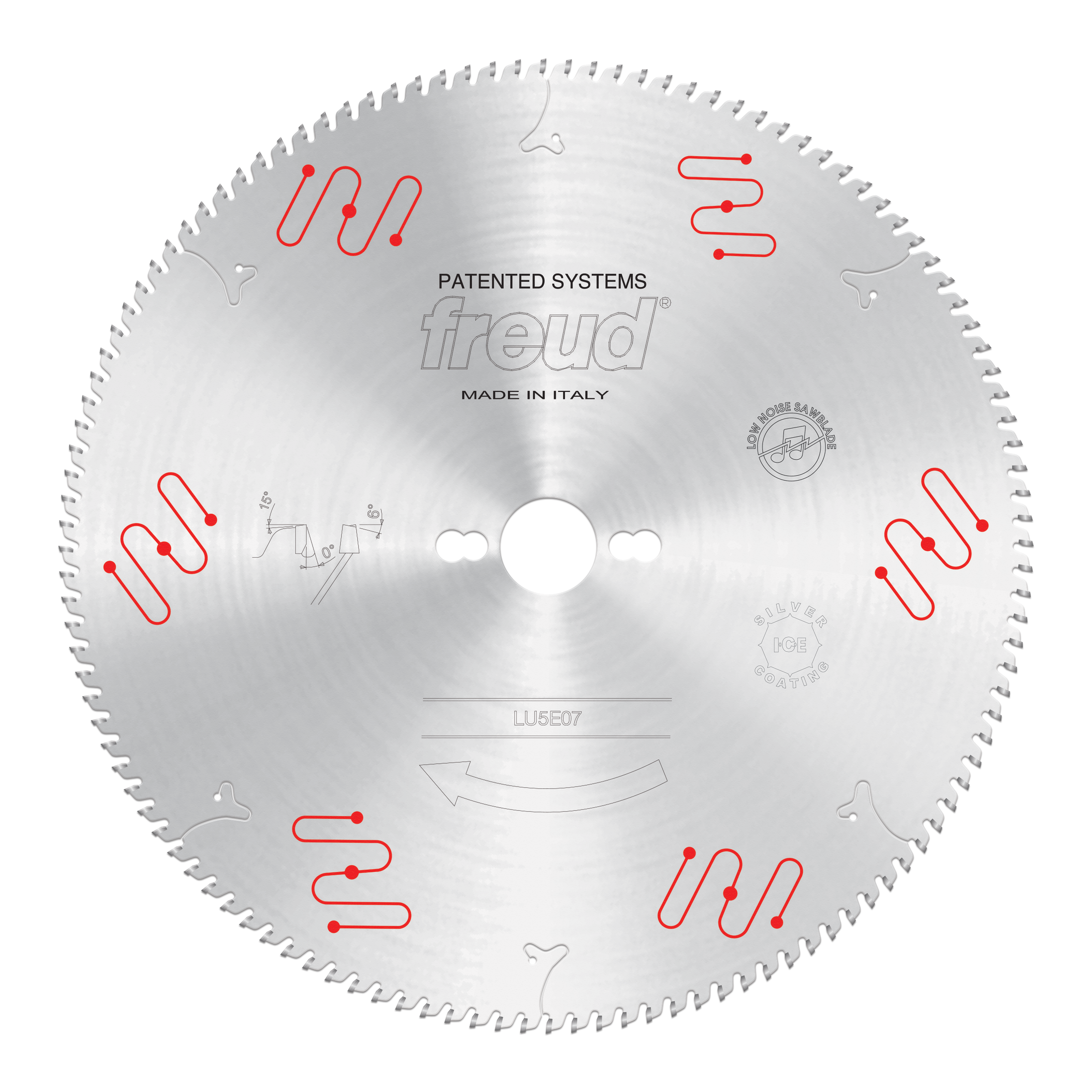 Circular saw blade with carbide-tipped teeth around the edge, center arbor hole, and red patented system markings on silver s