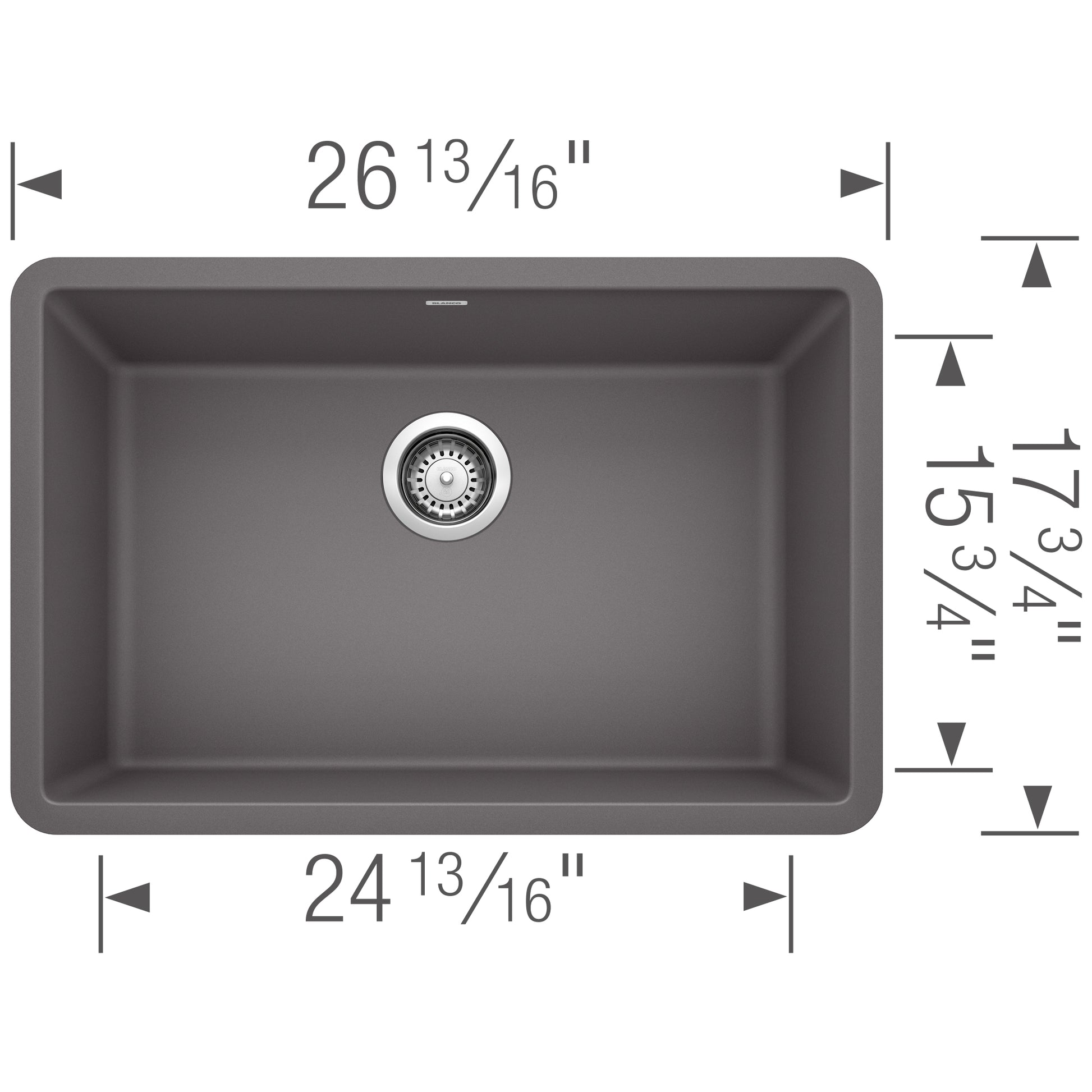 Cinder gray single bowl undermount sink with drain assembly, top view with dimensions marked.