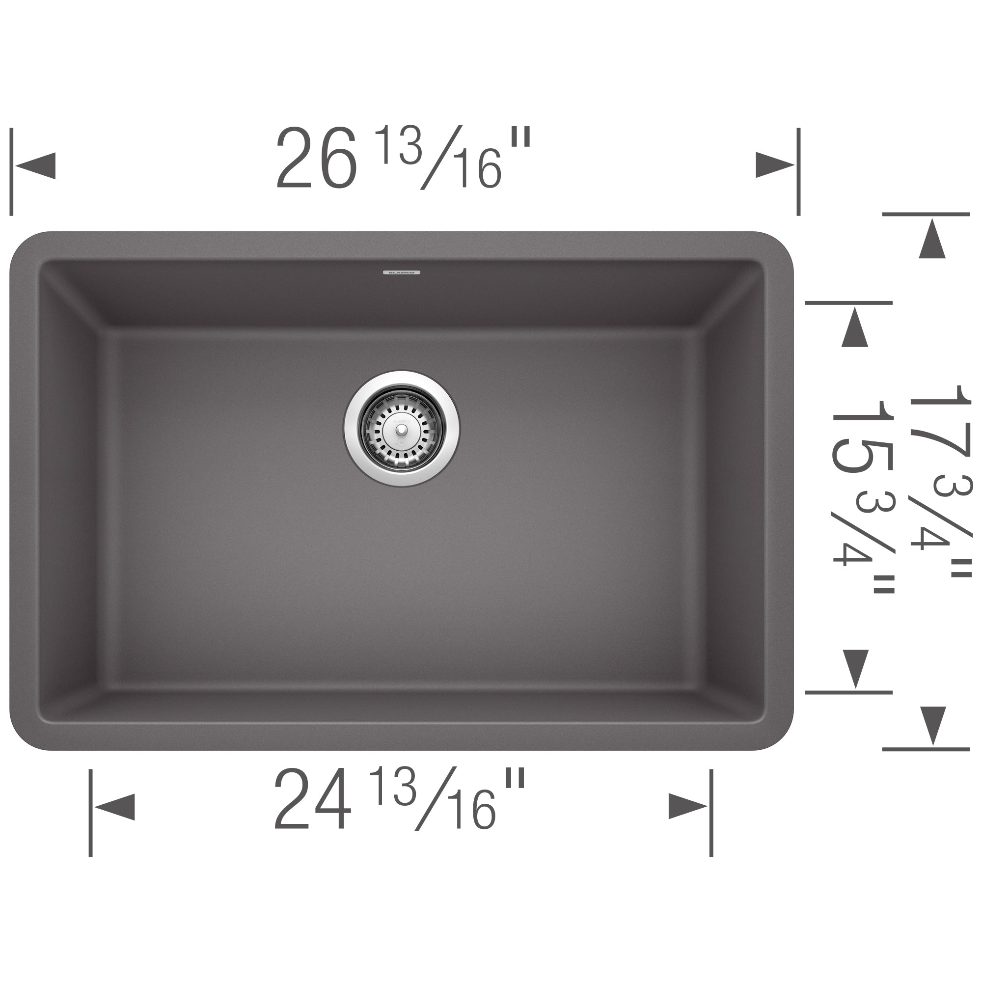 Cinder gray single bowl undermount sink with drain assembly, top view with dimensions marked.