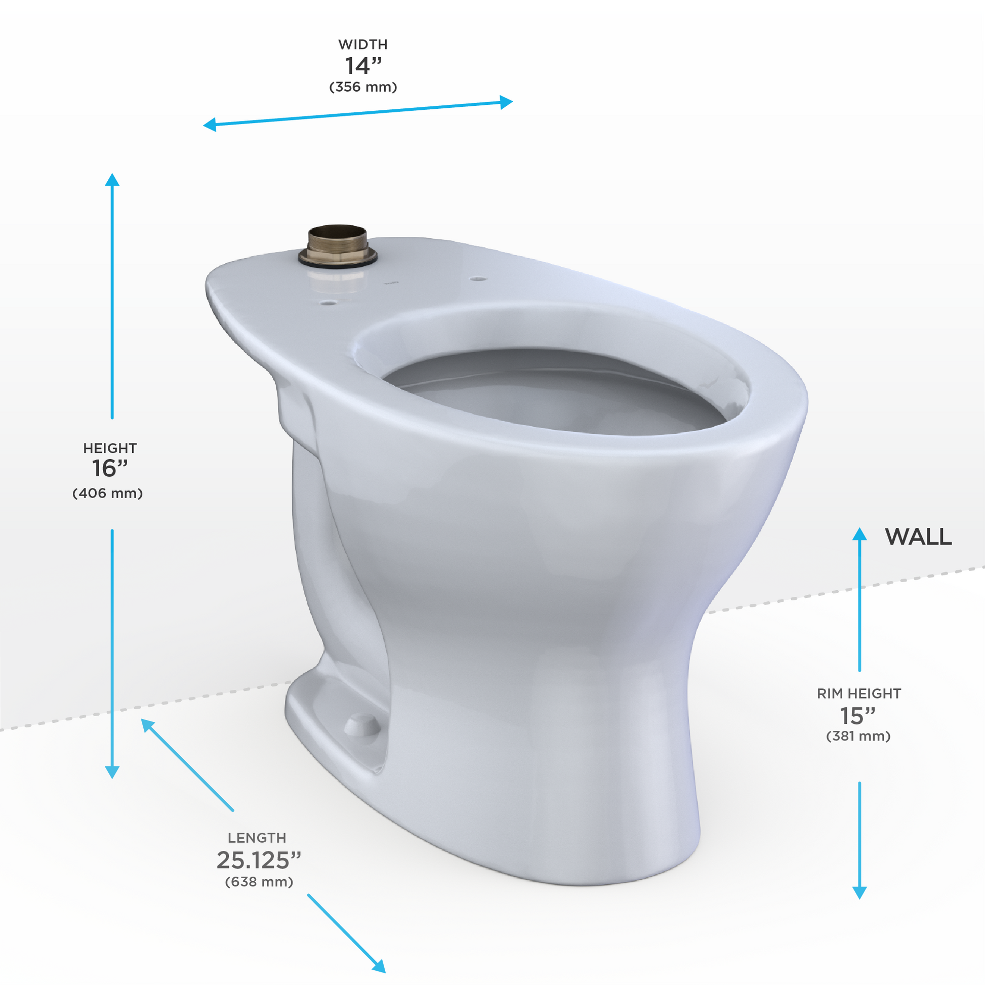 White elongated commercial toilet bowl with flushometer inlet and dimensions labeled: 14" width, 16" height, 25.125" length.