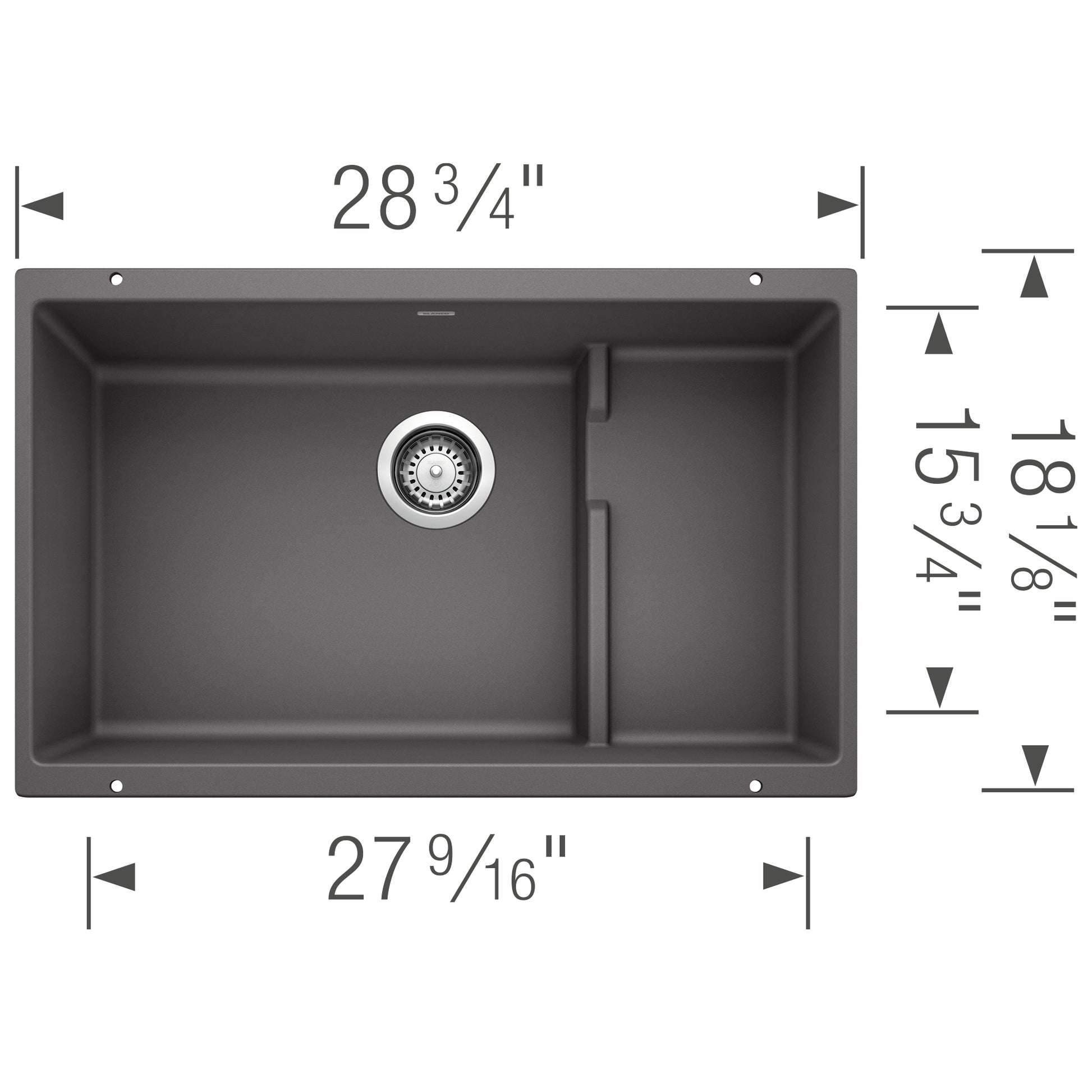 Cinder gray undermount kitchen sink with single large basin and smaller compartment, shown from above with dimensions.