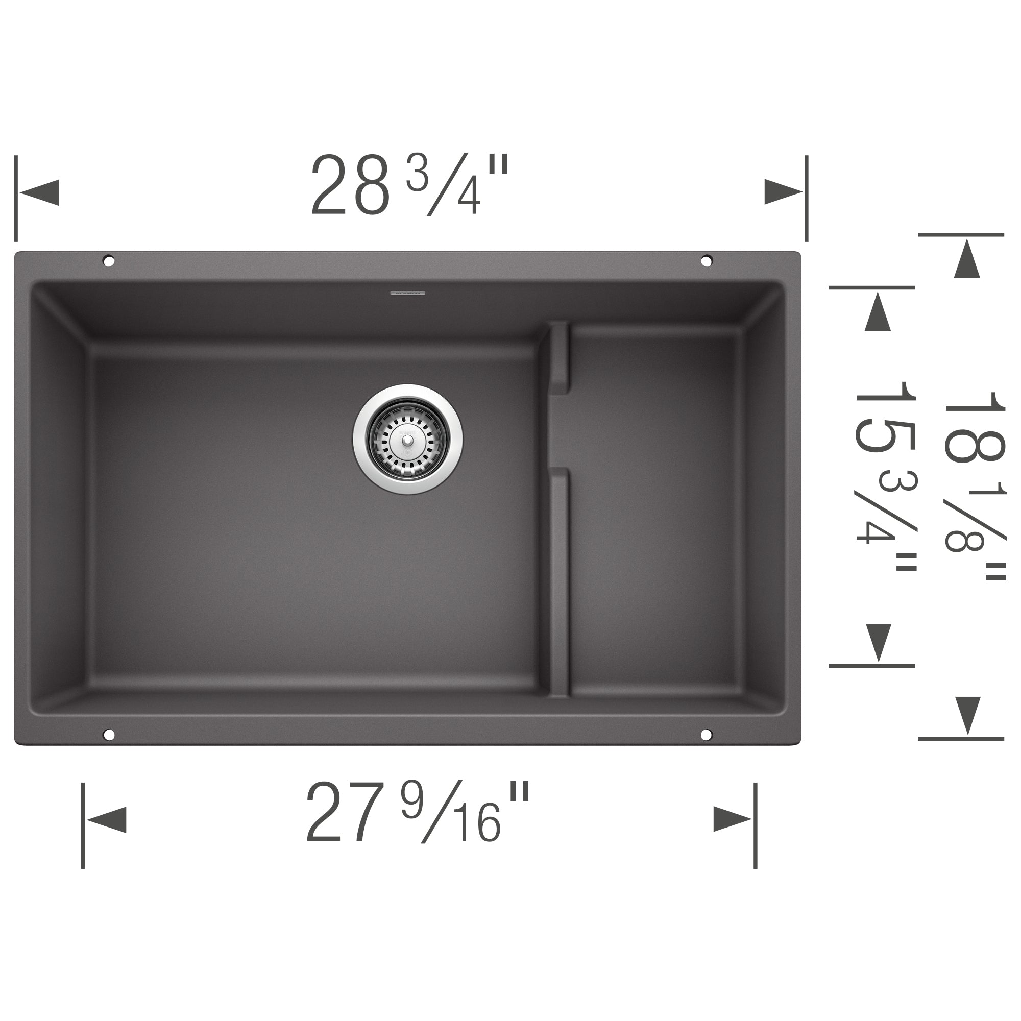 Cinder gray undermount kitchen sink with single large basin and smaller compartment, shown from above with dimensions.