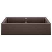 Cafe-colored double apron farmhouse sink with two equal rectangular basins separated by center divider.