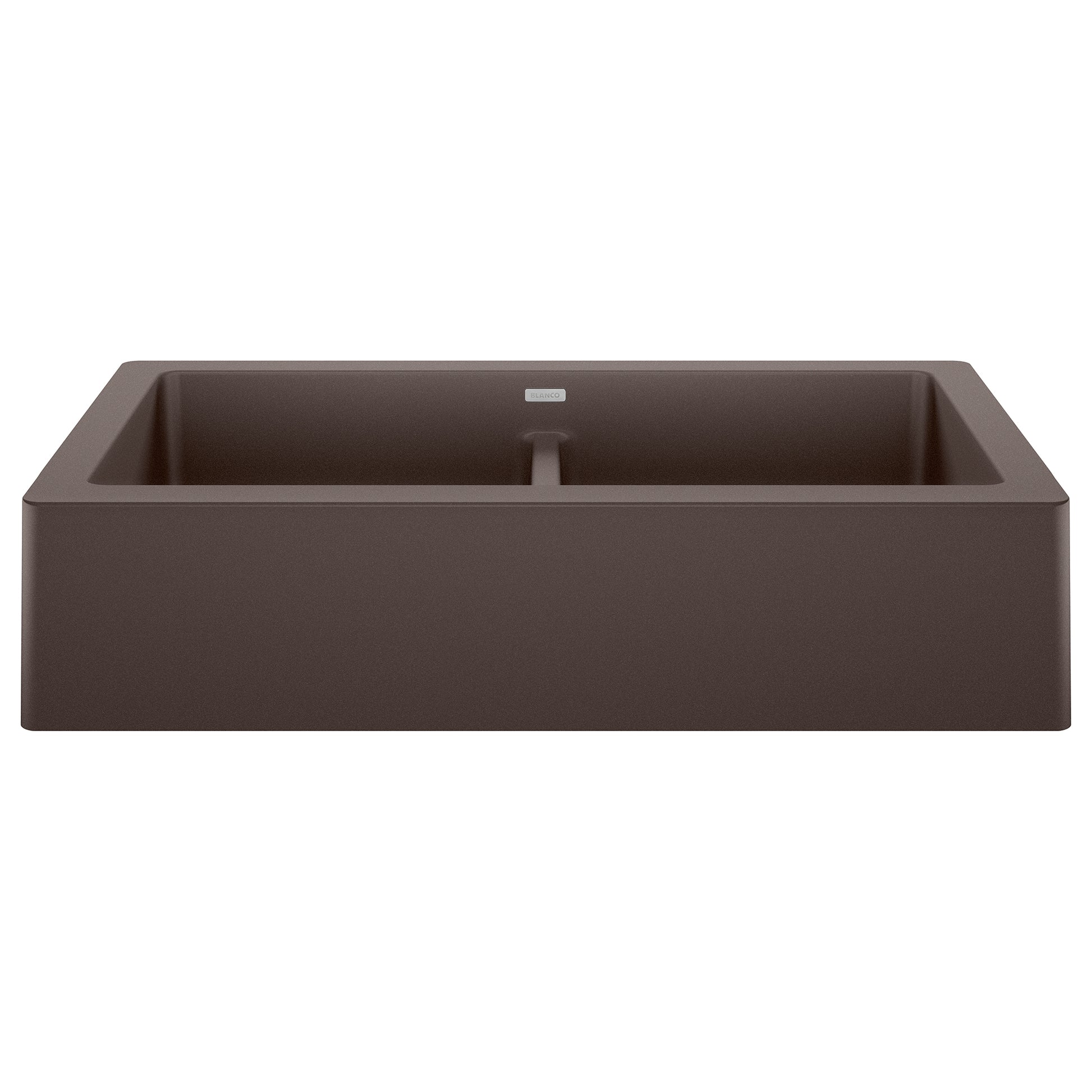 Cafe-colored double apron farmhouse sink with two equal rectangular basins separated by center divider.