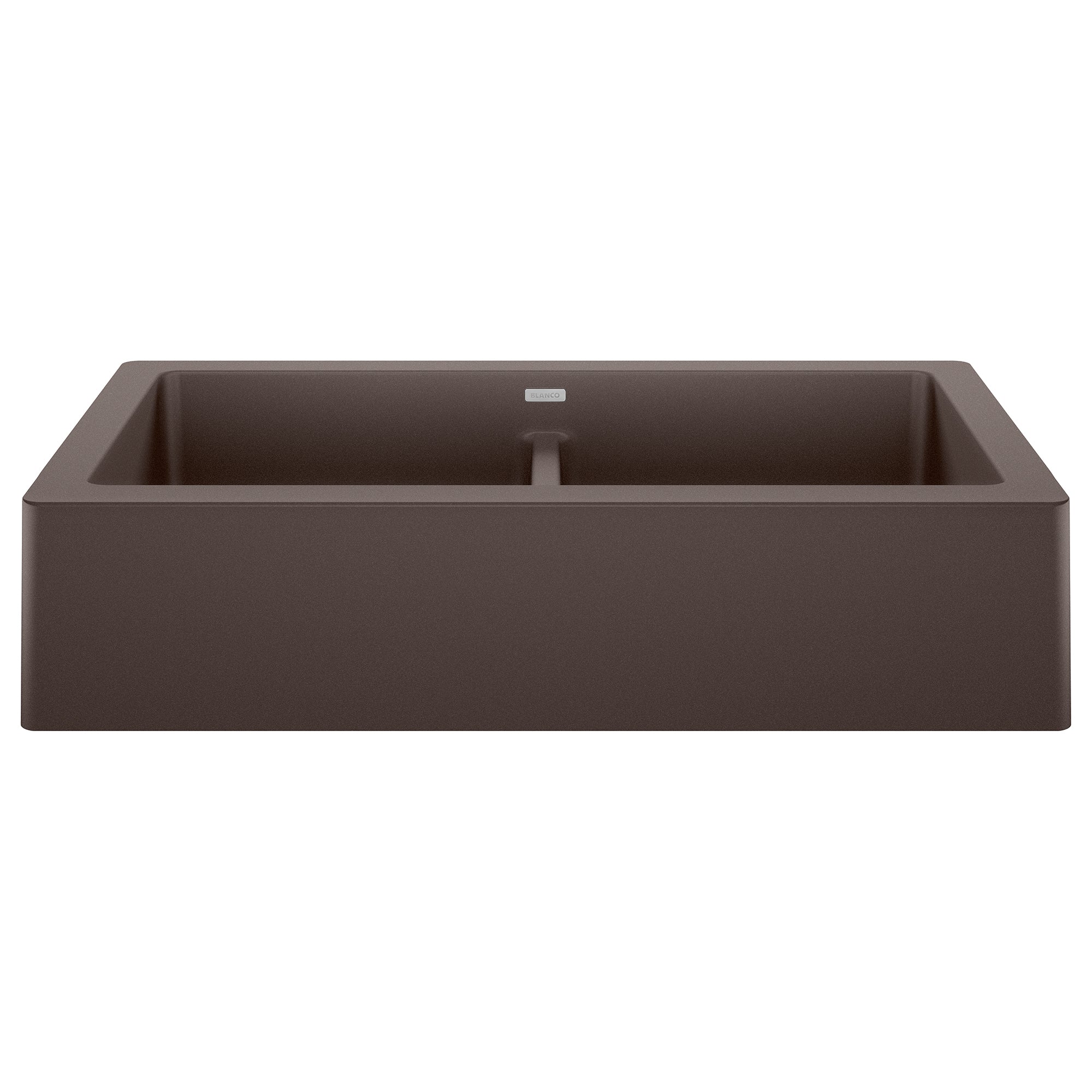 Cafe-colored double apron farmhouse sink with two equal rectangular basins separated by center divider.