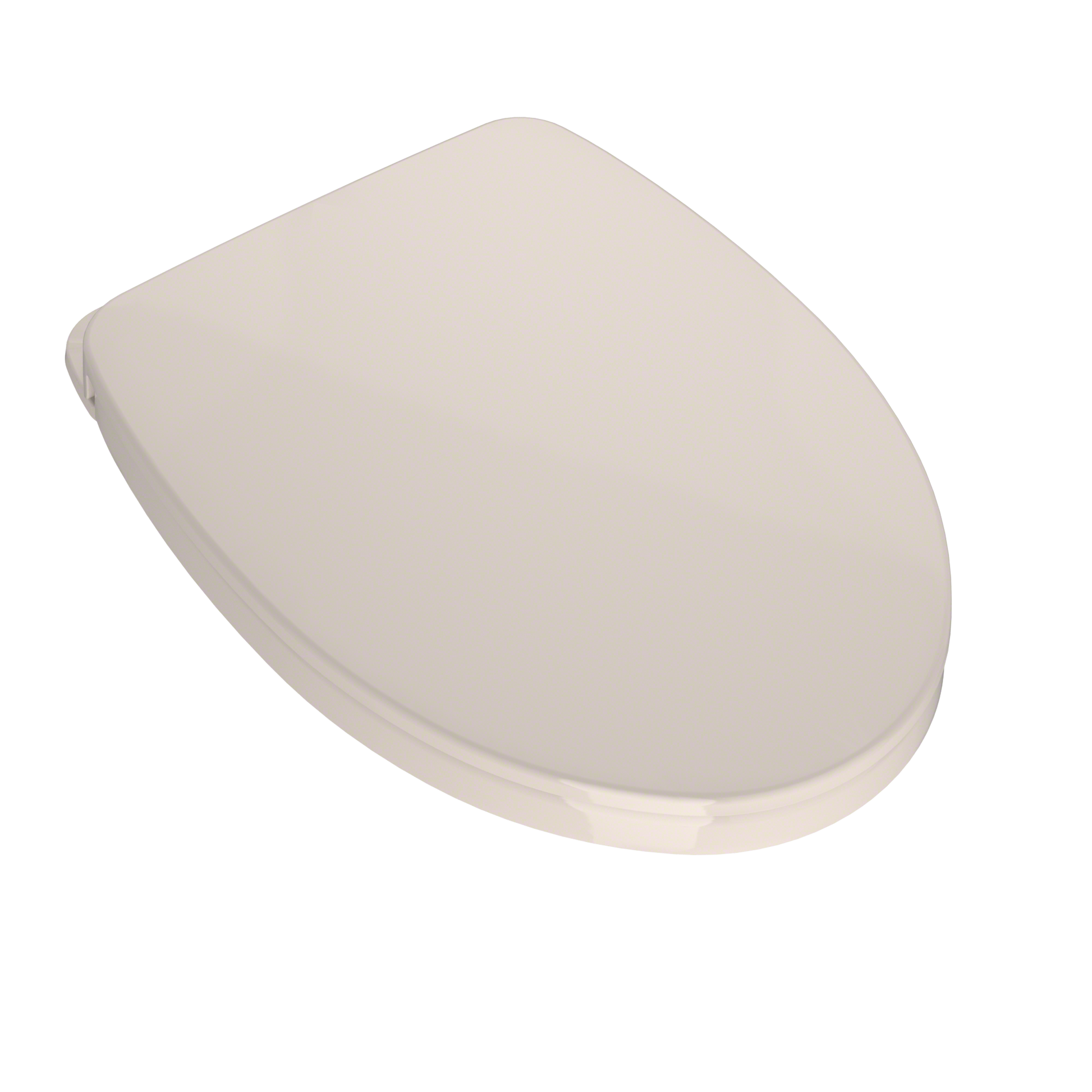Elongated toilet seat and lid in beige with rounded edges and soft-close mechanism.
