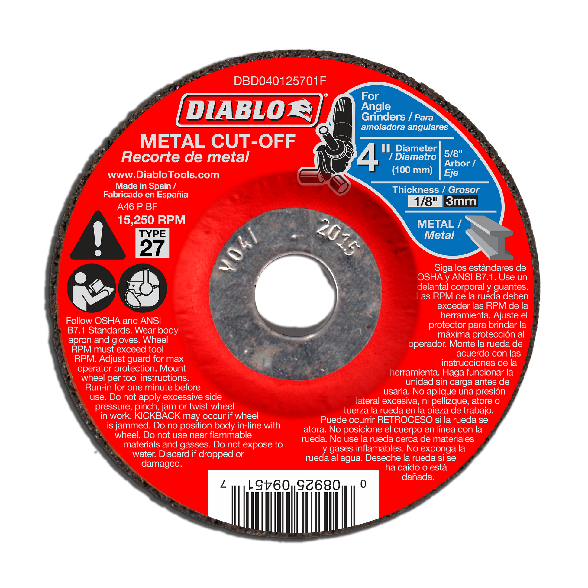 Diablo 4-inch metal cut-off disc with red label, 1/8-inch thickness, Type 27 for angle grinders.
