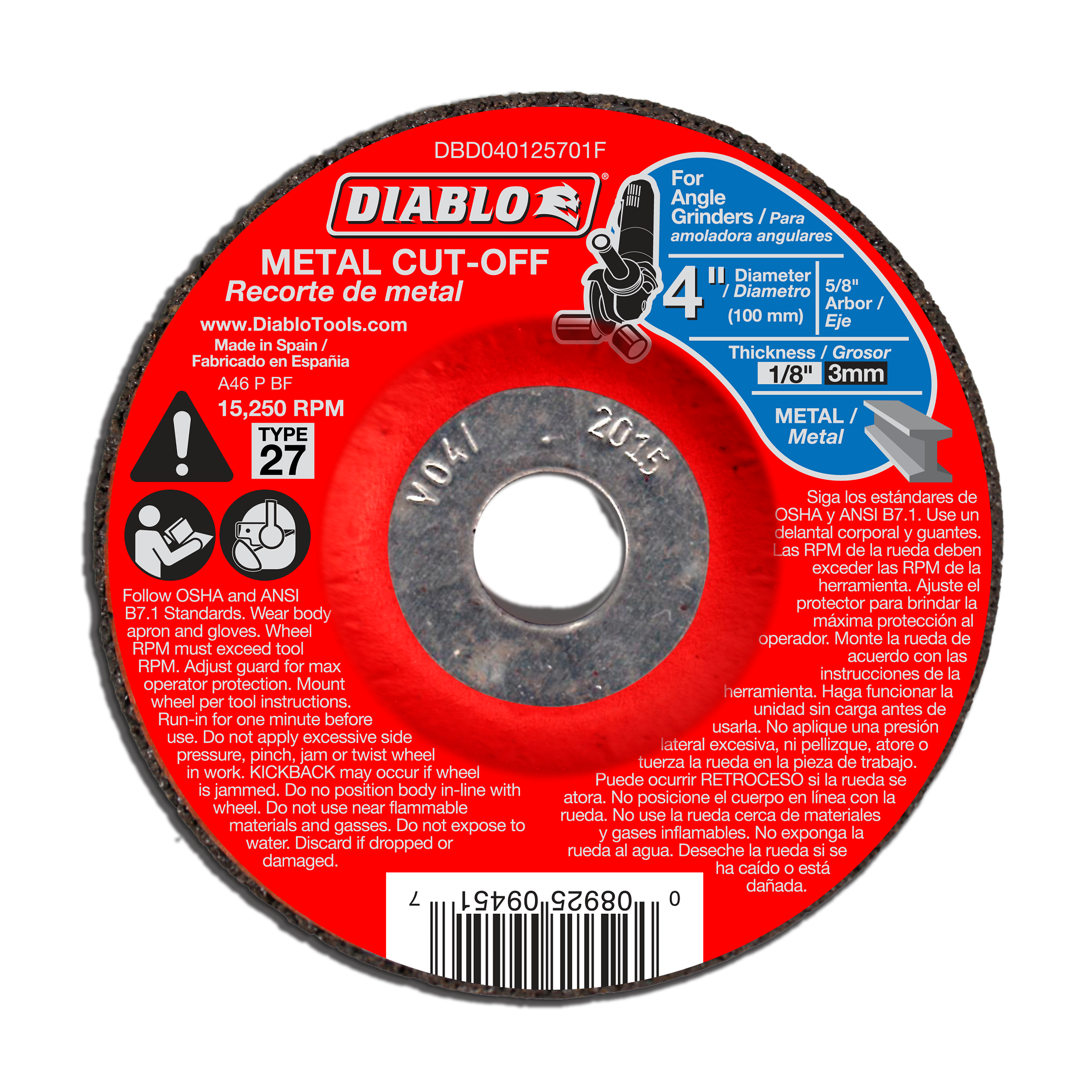 Diablo 4-inch metal cut-off disc with red label, 1/8-inch thickness, Type 27 for angle grinders.