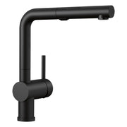 Coal black pull-out kitchen faucet with angular spout and round handle control.