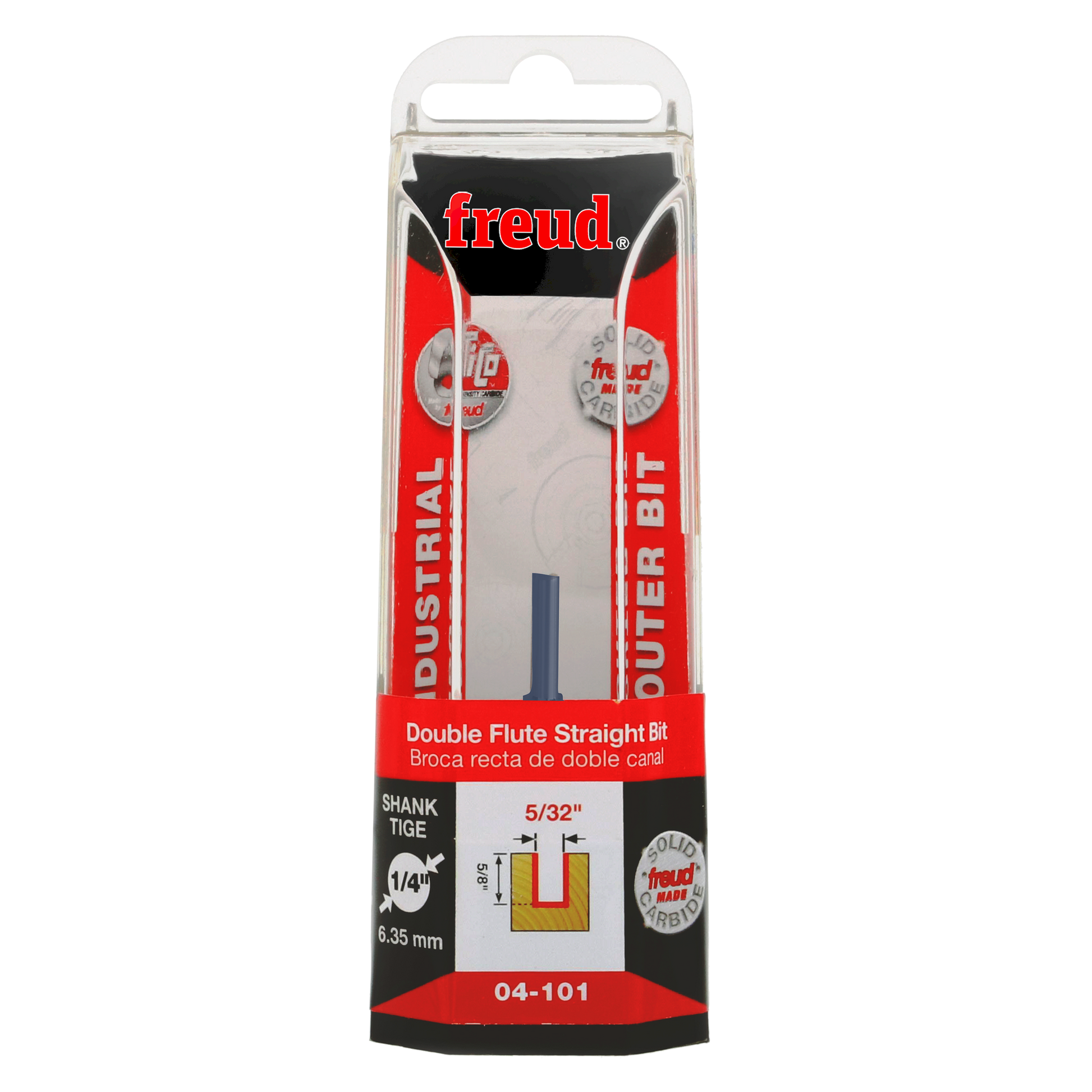 Freud 04-101 double flute straight router bit with 5/32" diameter and 1/4" shank in clear plastic clamshell packaging.