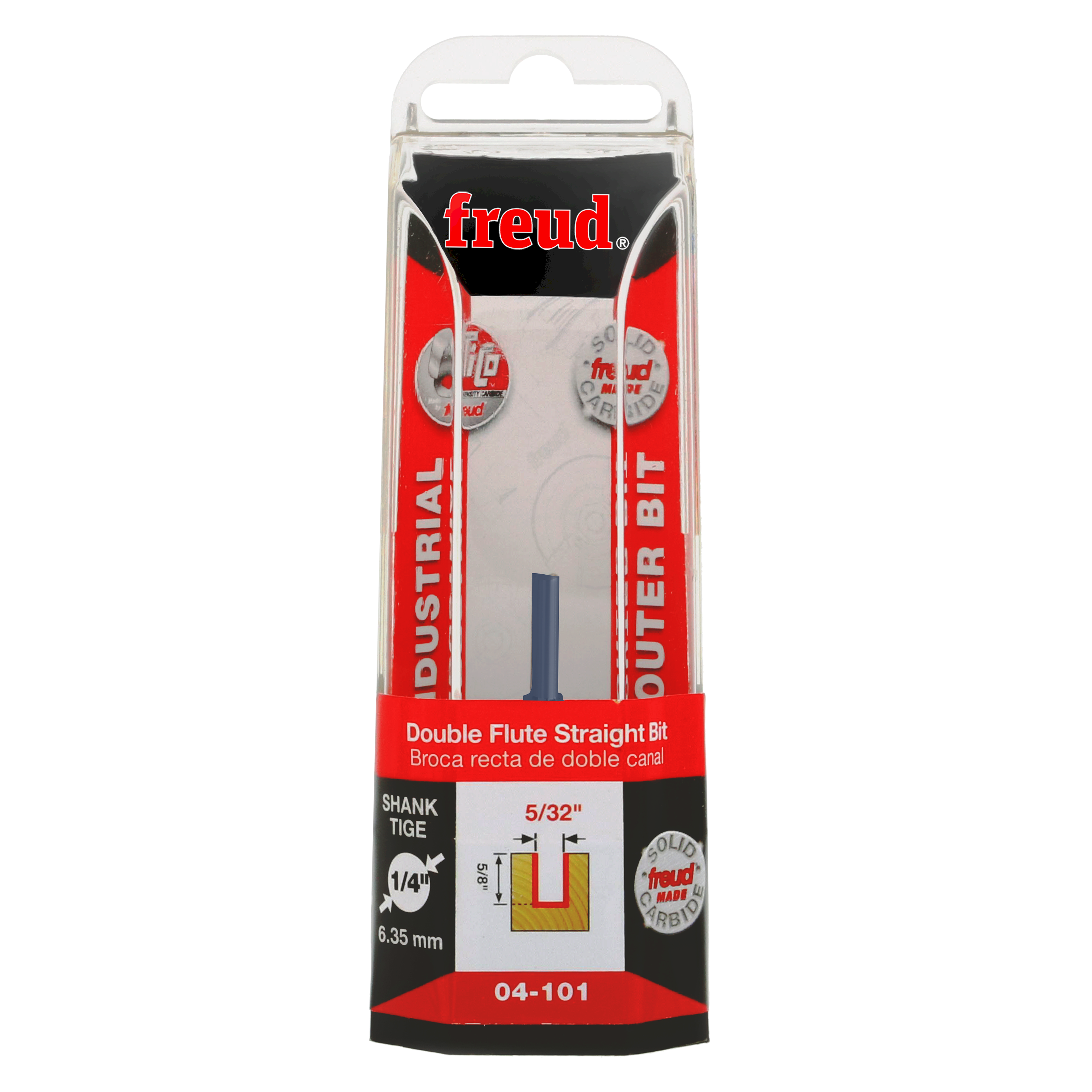 Freud 04-101 double flute straight router bit with 5/32" diameter and 1/4" shank in clear plastic clamshell packaging.